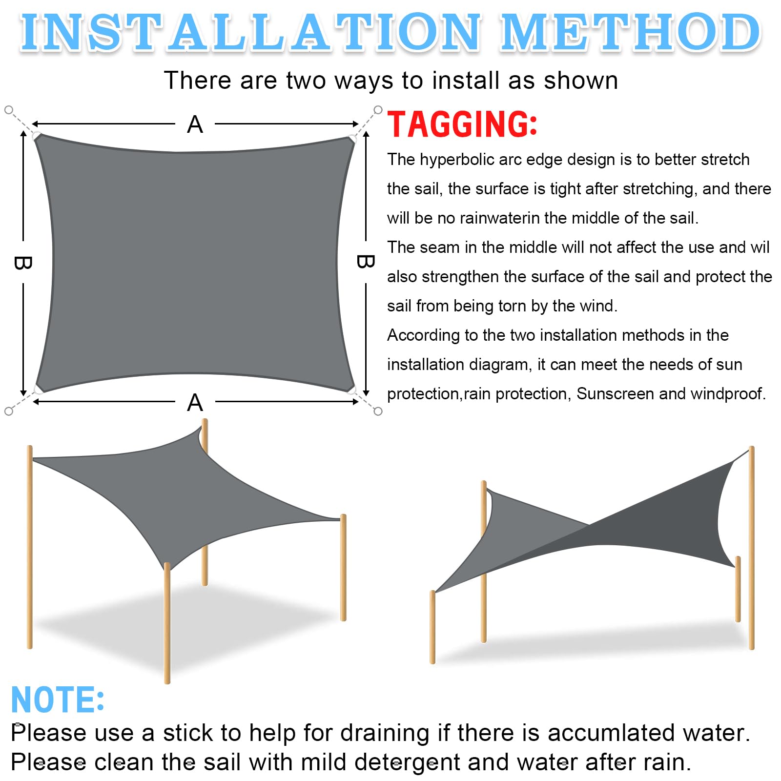 Vela Ombreggiante Rettangolare 3x4 m, Tenda da Sole per Esterno, Impermeabile Protezione UV 95%, Tenda a Vela per Terrazza, Giardino, Balcone, Campeggio (Grigio)