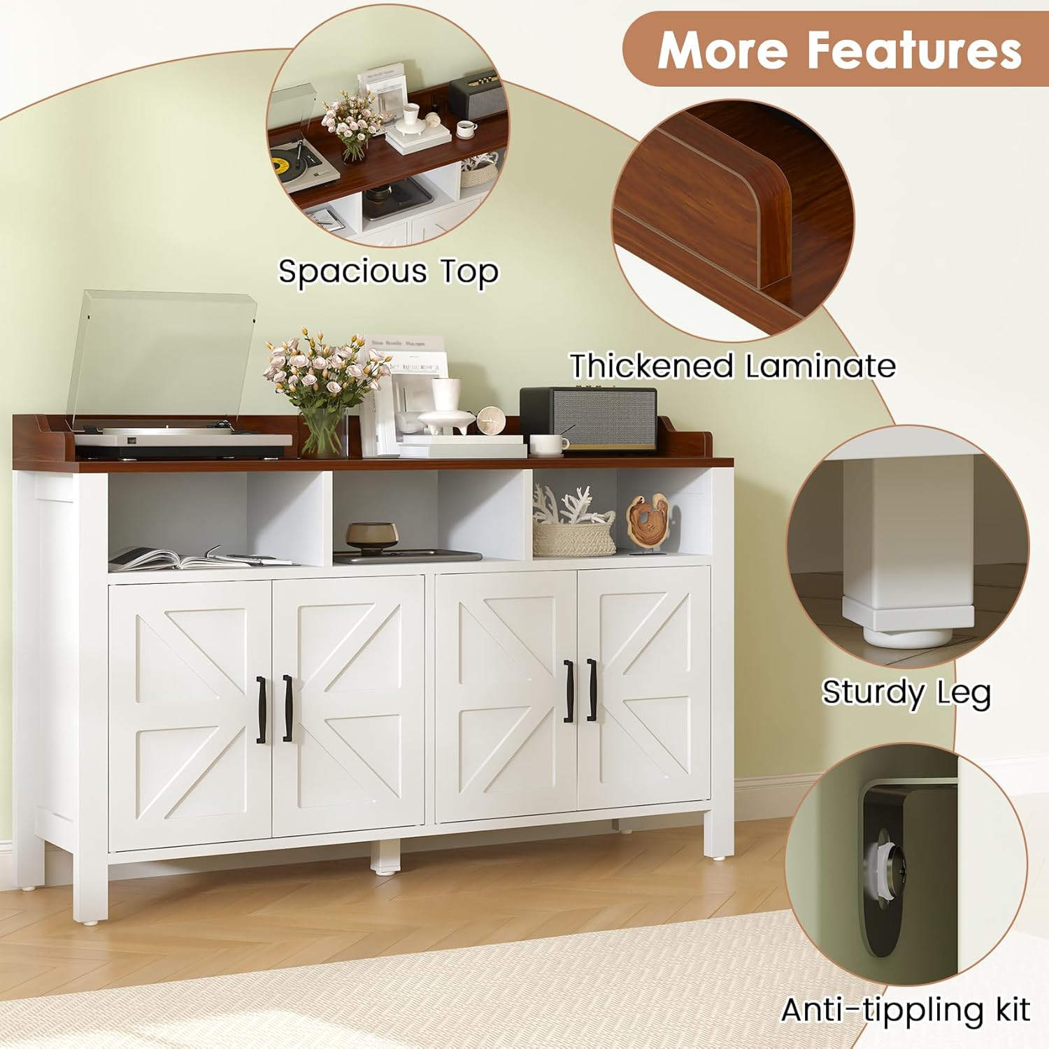 Buffet Cabinet with Storage Farmhouse with 4 Doors and 3 Open Compartments, 55'' Large Kitchen Storage Cabinet White Wood Coffee Bar Buffet Sideboard for Kitchen, Dining Room, Living Room White/Wood