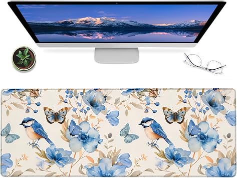 Blue Bird and Butterfly Gaming Mouse Pad 12x31.5in Non-Slip Rubber Desk Mat with Elegant Floral Design Large Extended Mousepad for Office Home Deskmat Gifts for Nature Art Lovers Decor