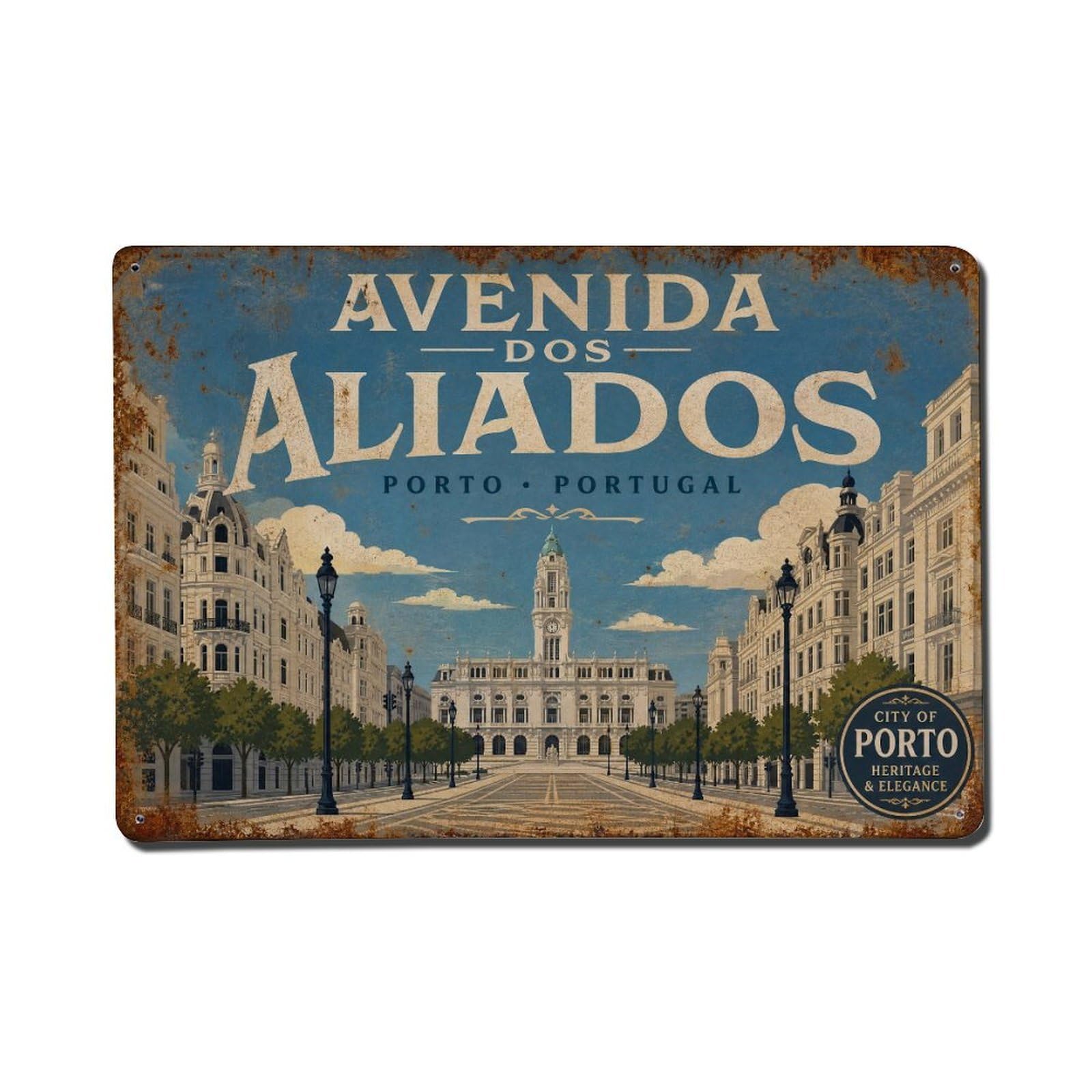 Vintage Travel Avenida Aliados City Hall Square Portugal Metal Tin Sign
