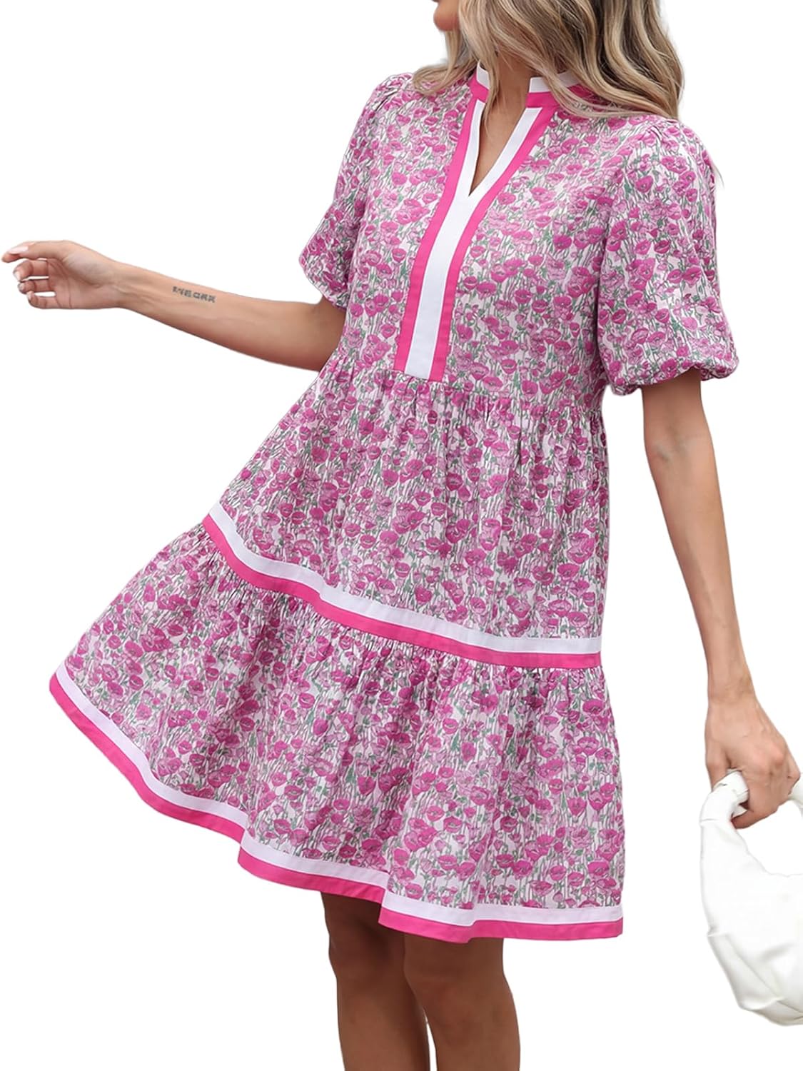 Women Floral Babydoll Mini Dress V Neck Puff Sleeve Striped Color Block Sundress