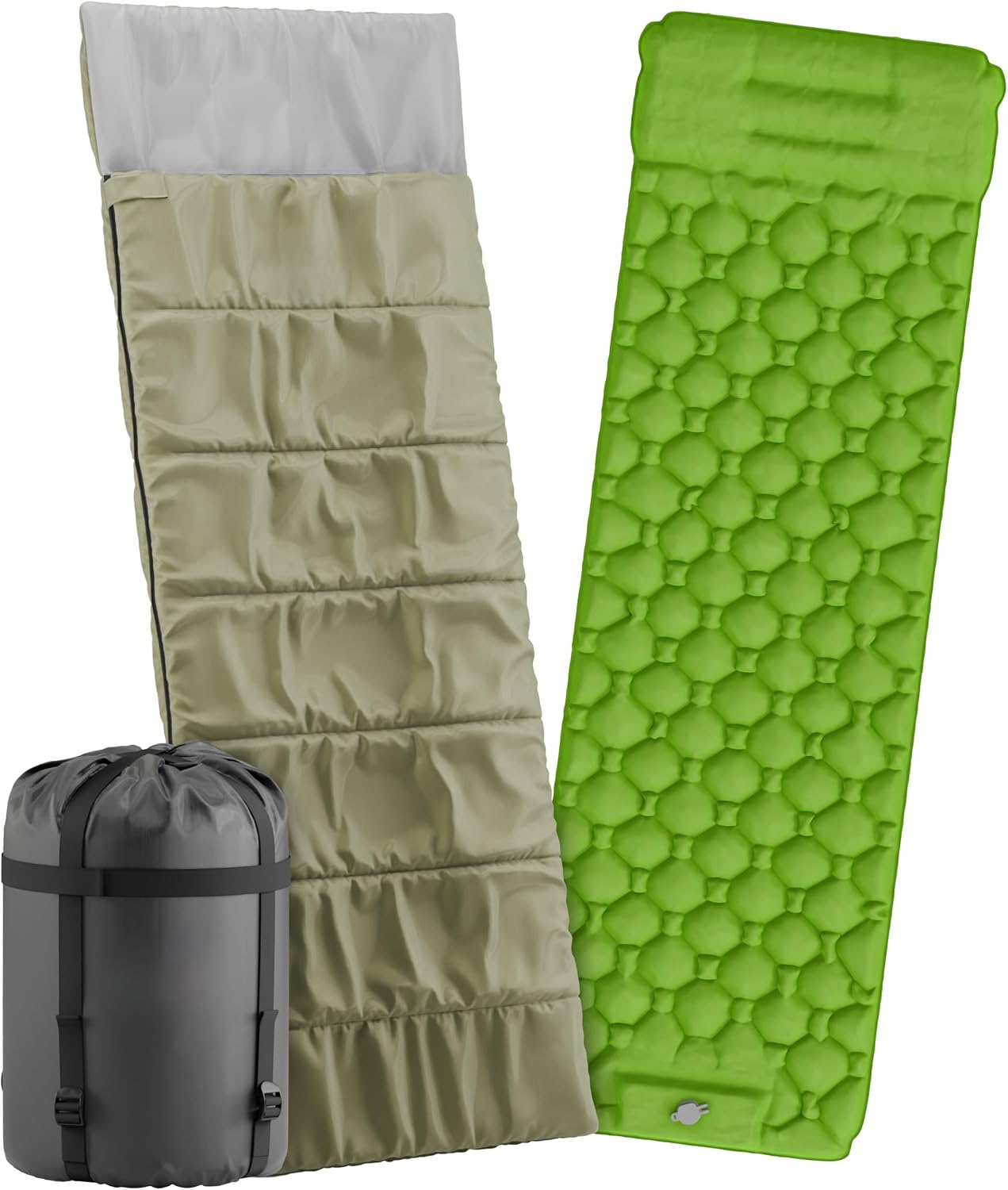 Schlafsack mit integrierbarer Isomatte und Fußpumpe