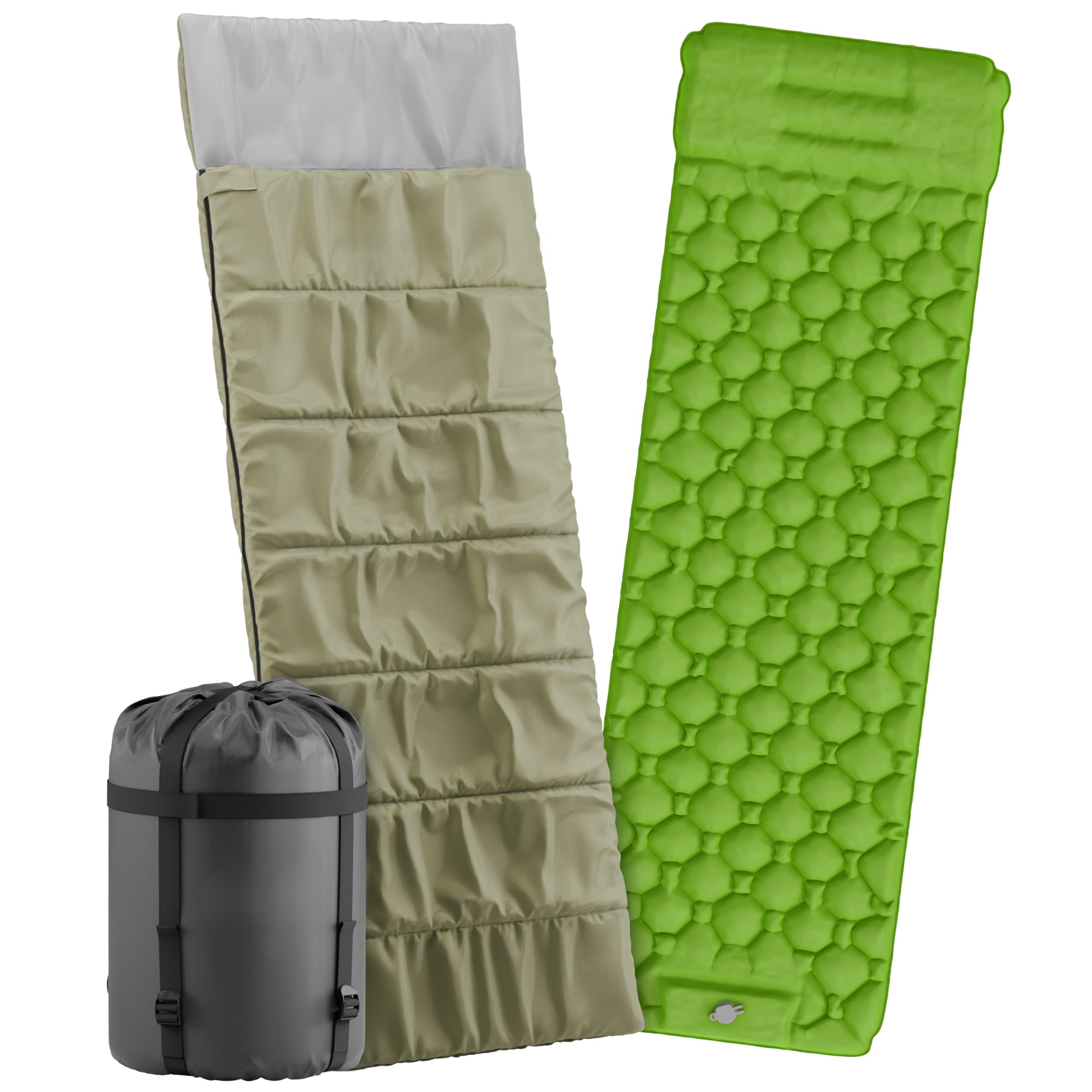 Schlafsack mit integrierbarer Isomatte & Fußpumpe – Outdoor Set für Festival, Trekking und 3-Jahreszeiten Camping