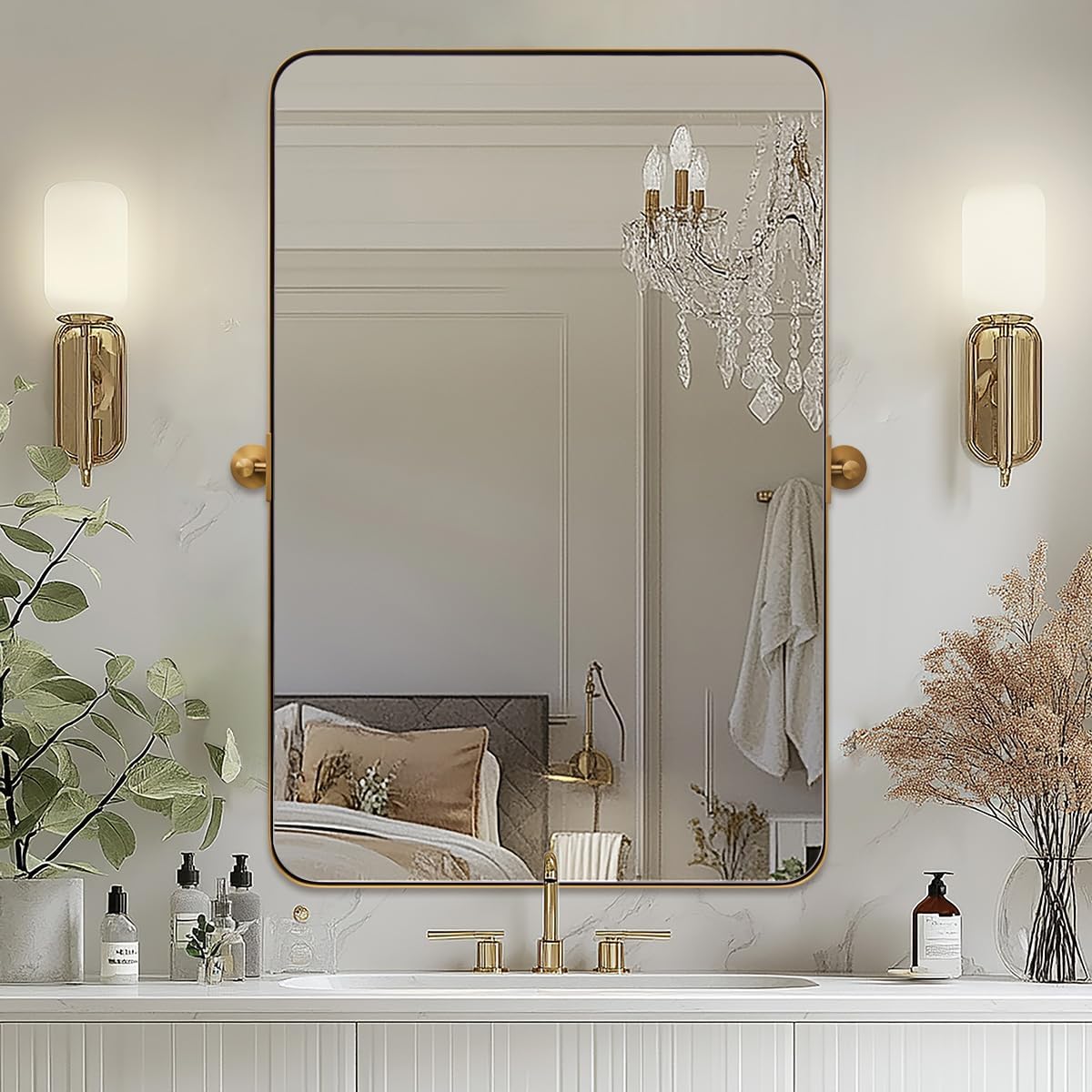 MOON MIRROR Brushed Gold Rectangle Pivot Mirror for Bathroom, Brass Pivoting Vanity?Overall 24.33 x 30 in (Mirror 20x 30 in)