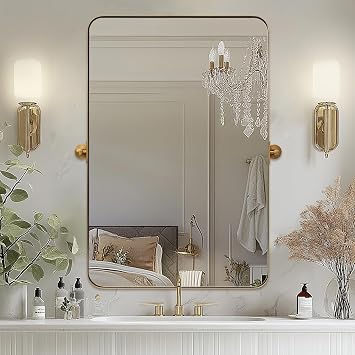 MOON MIRROR Brushed Gold Rectangle Pivot Mirror for Bathroom, Brass Pivoting Vanity,Overall 24.33 x 30 in Mirror 20x 30 in