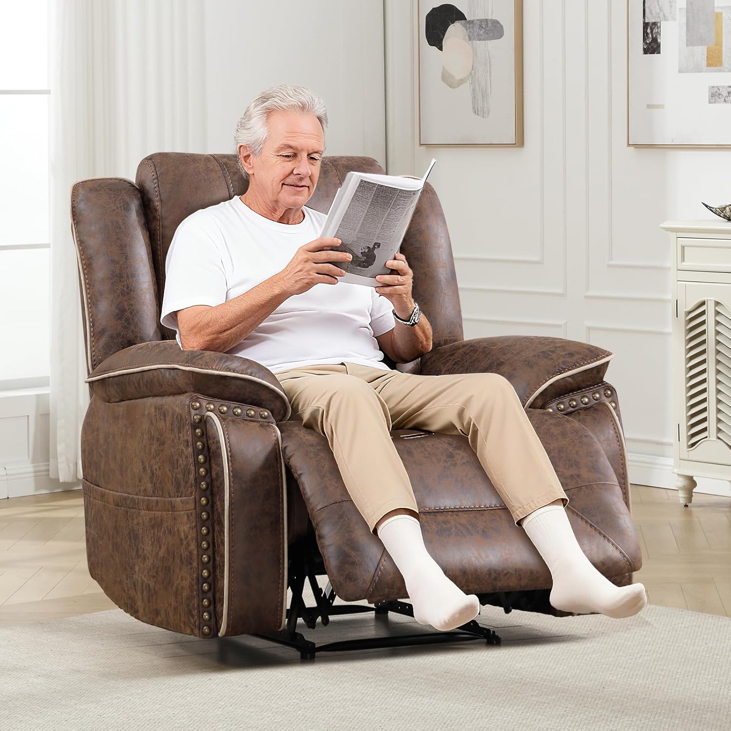 CANMOV Manual Recliner Chair Set, Faux Leather Recliner Living Room Furniture Sets, 1 Seater Reclining Sofa Chair with Hidden Storage and Cup Holders and Storage Pockets, Brown