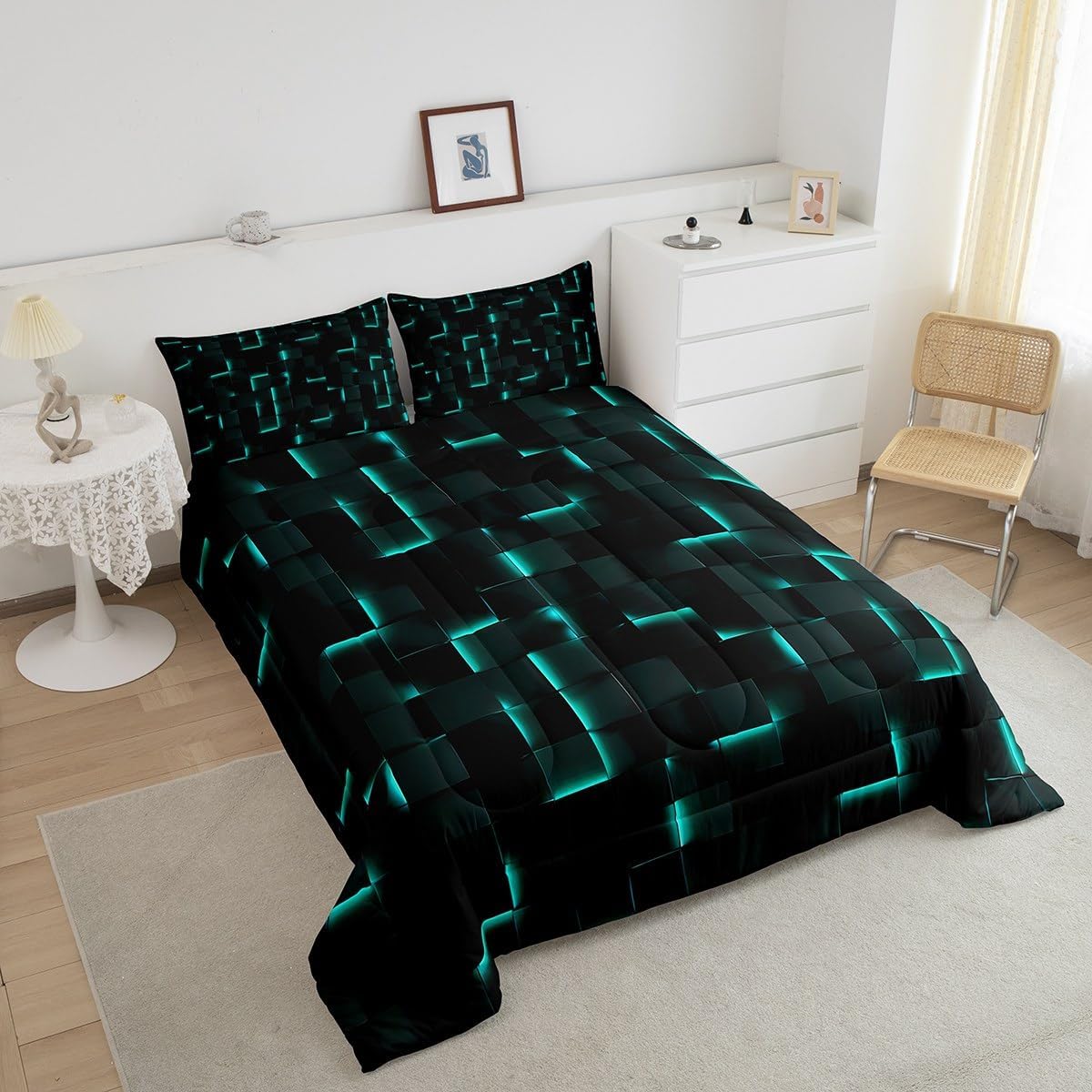 Erosebridal Neon Black and Teal Queen Comforter Set,3D Geometric Plaid Bedding Sets,Abstract Gradient Quilt Bed Set,Gaming Gamer Bedroom Decor for Kids Teen Adults,2 Pillowcases