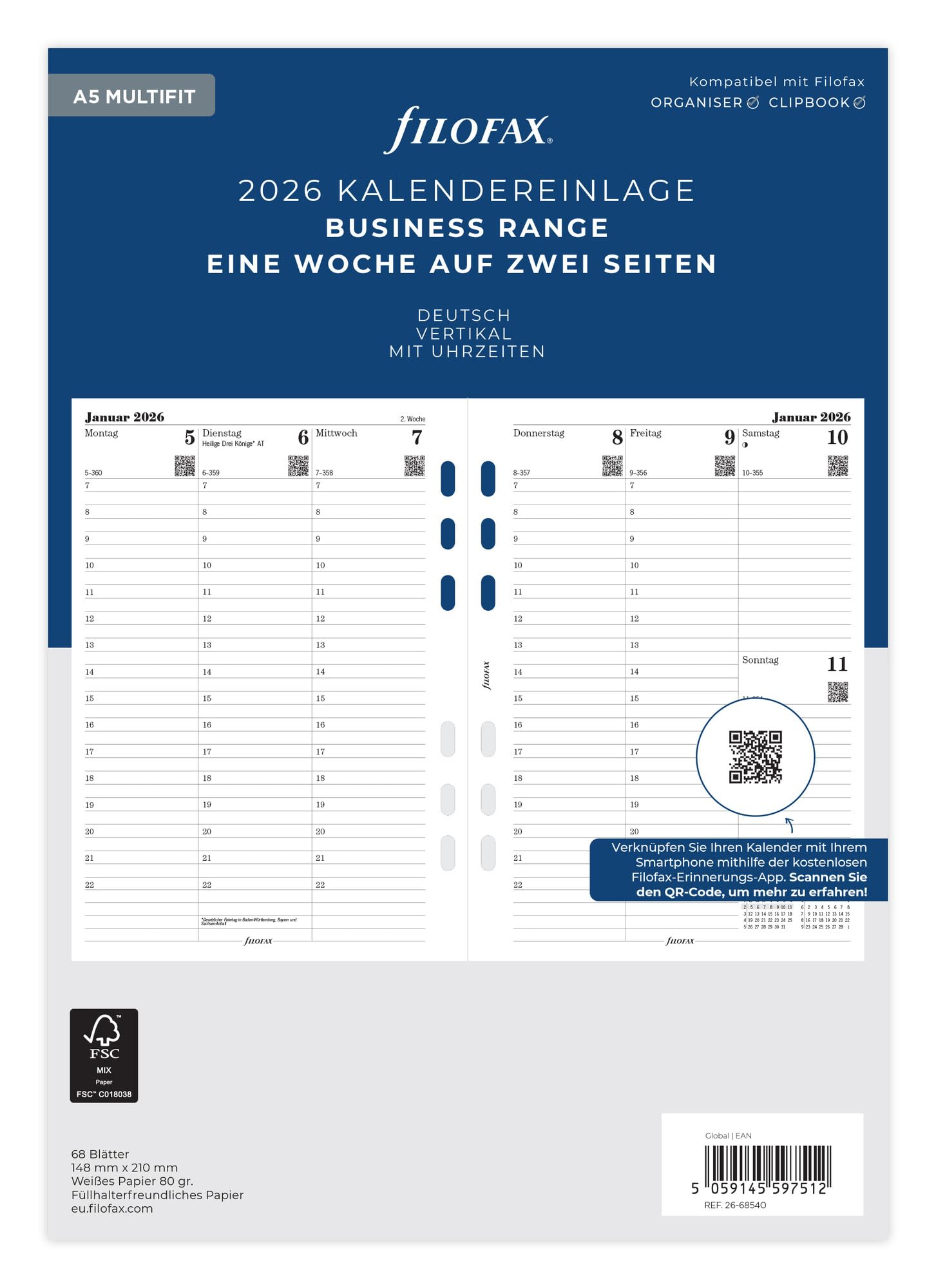 Filofax Kalender A5 Multi 1 Woche auf 2 Seiten (deutsch)2026