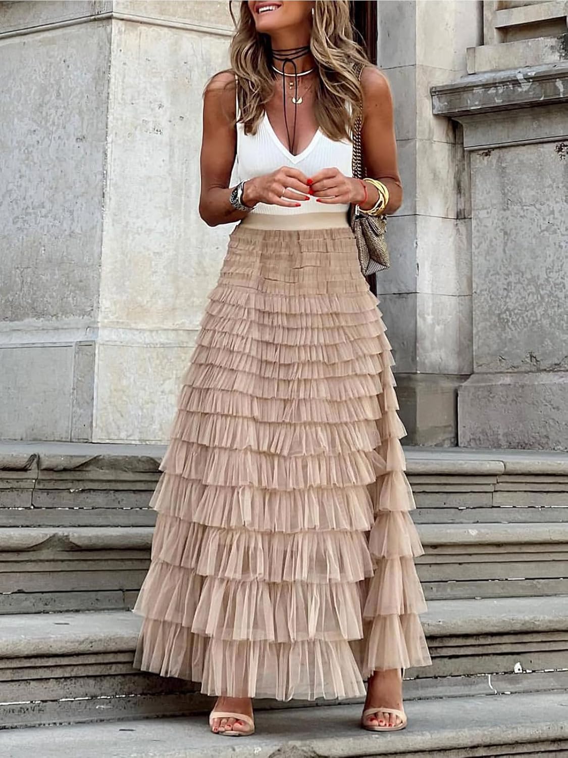 Gnveub Women's Long Tulle Skirt High Waisted A Line Mesh Cake Skirts Fluffy Tiered Tulle Maxi Skirt