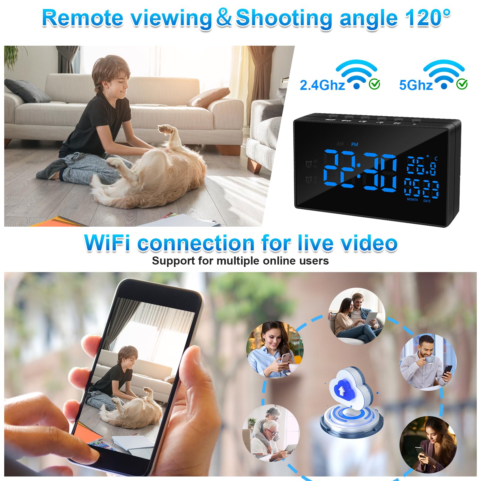 Telecamera Nascosta WiFi HD 1080P Mini Telecamera 2.4 / 5G Telecamera Wifi Spy Cam Senza Fili ,Telecamera Spia Sveglia e Schermo Multifunzione Supporto Visione Notturna Rilevamento del Movimento