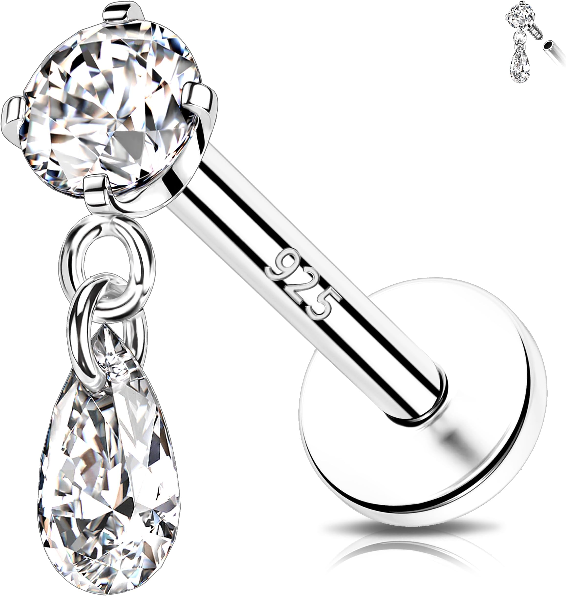 CZ Cartilage Earring 925 Silver Helix Earring Internally Threaded Flat Back Earrings Dangle Tragus Stud Labret Piercing Jewellery