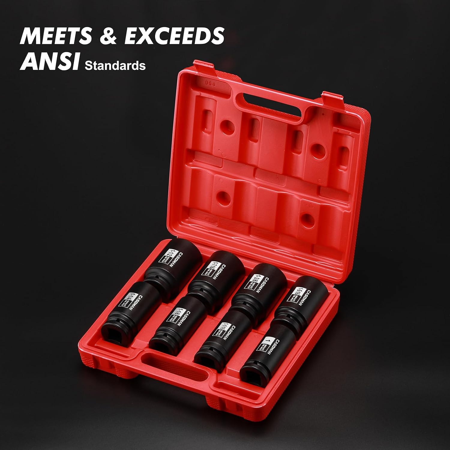 CASOMAN 3/4" Drive Deep Impact Socket Set, 8 Piece Set, SAE Sizes (1-Inch to 1-1/2-Inch), 6 Point, 3/4" Dr. Heavy Duty Impact Socket Set