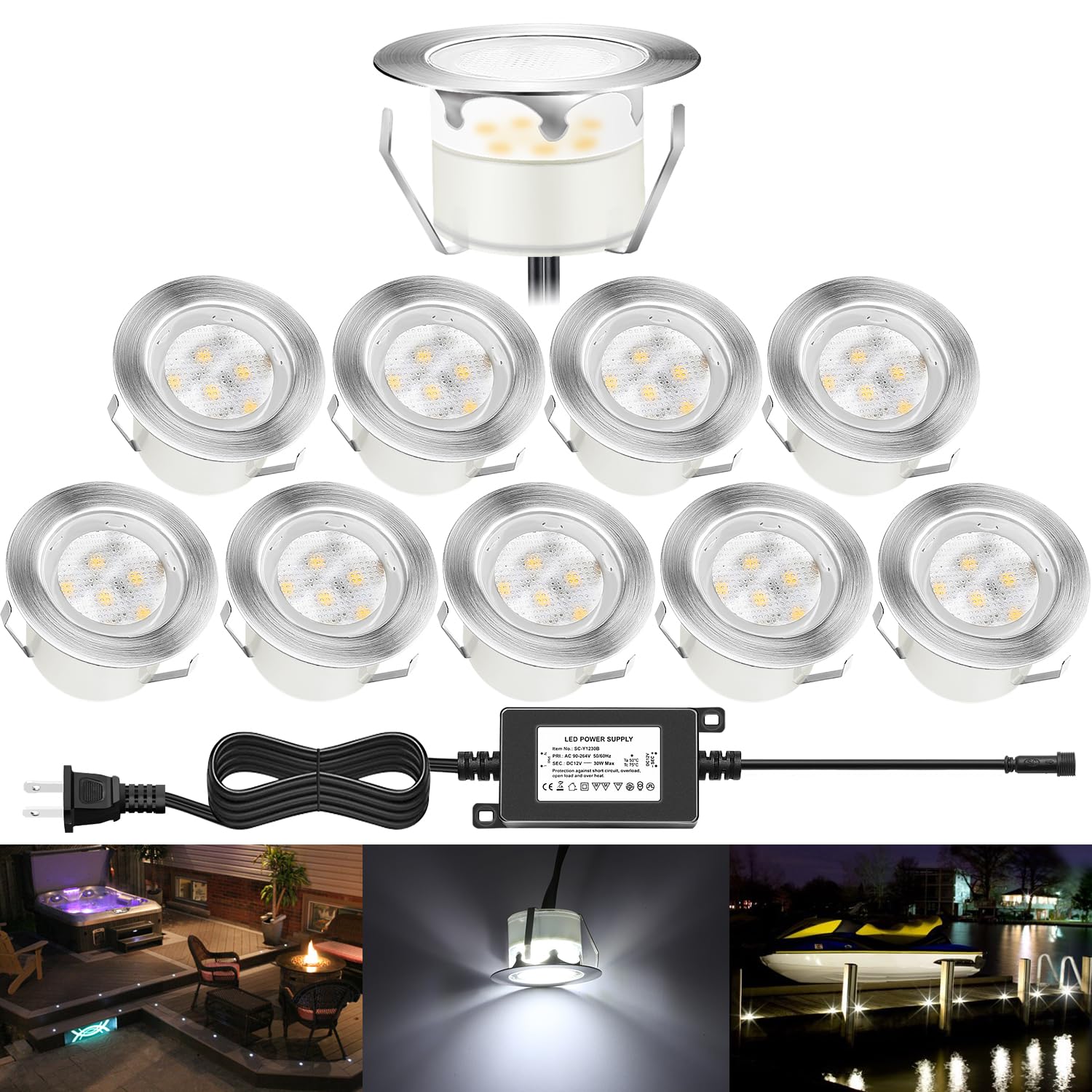 Deck Lights Outdoor Waterproof Low Voltage Lighting Kit Stainless Steel 1W Outdoor Yard Garden Decoration Lamps Landscape Pathway Patio Step Stairs Silver Border(10pcs,Cool White) Cool White 10pcs(Silver Border)