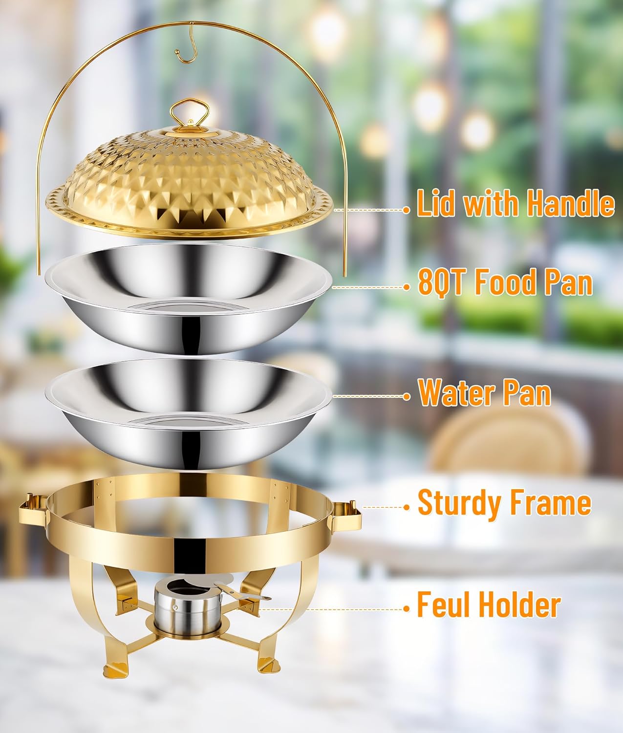 8QT Chafing Dishes Set for Buffet, Gold Stainless Steel Luxury Food Warmer for Parties Buffet, Elegant Hollow-Out Buffet Warmer for Hotel, Weddings, Home Parties, Christmas Gatherings,Catering (6 pcs)