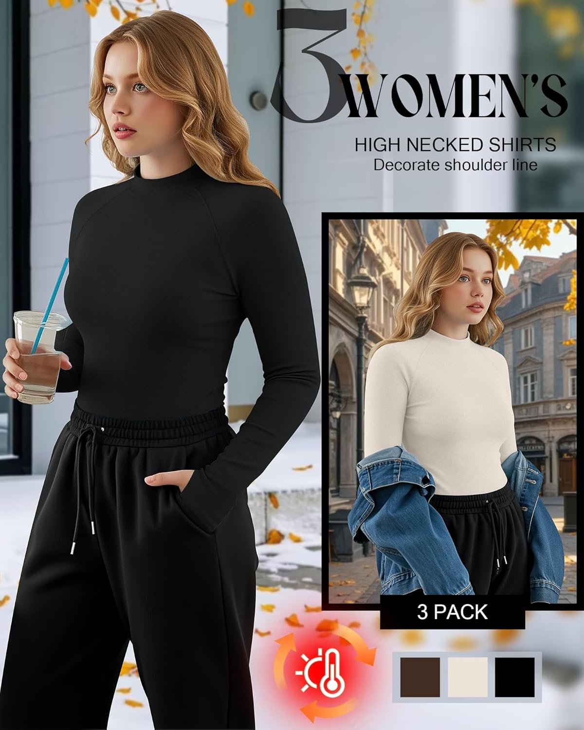 3 Pack Women's Plus Size Thermal Shirts Mock Turtleneck Fleece Long Sleeve Raglan Thumb Holes Layering Tops - Image 3