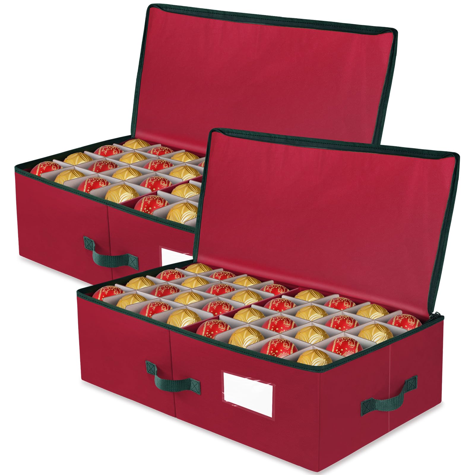 BlessedSeason Scatola portaoggetti per ornamenti natalizi con divisori regolabili, 2 contenitori impilabili per palline (36 pezzi da 10,2 cm e 64 pezzi da 7,6 cm), doppia cerniera, manici, slot visivo