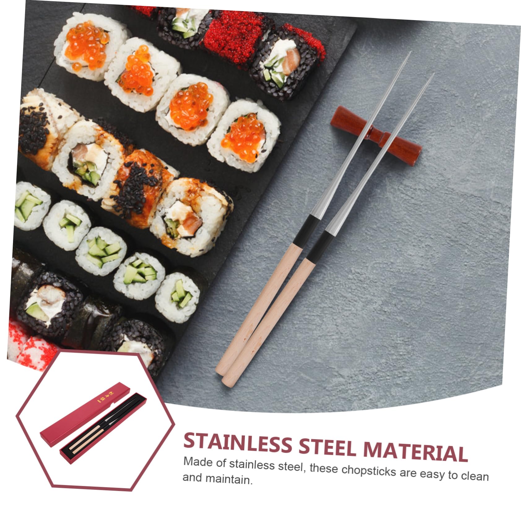 HEALLILY Palillos Japoneses de Acero Inoxidable y Madera, Punta Puntiaguda, Largos para Cocinar y Evitar Quemaduras, Paquete de 2 para Restaurante Japonés y Cocina