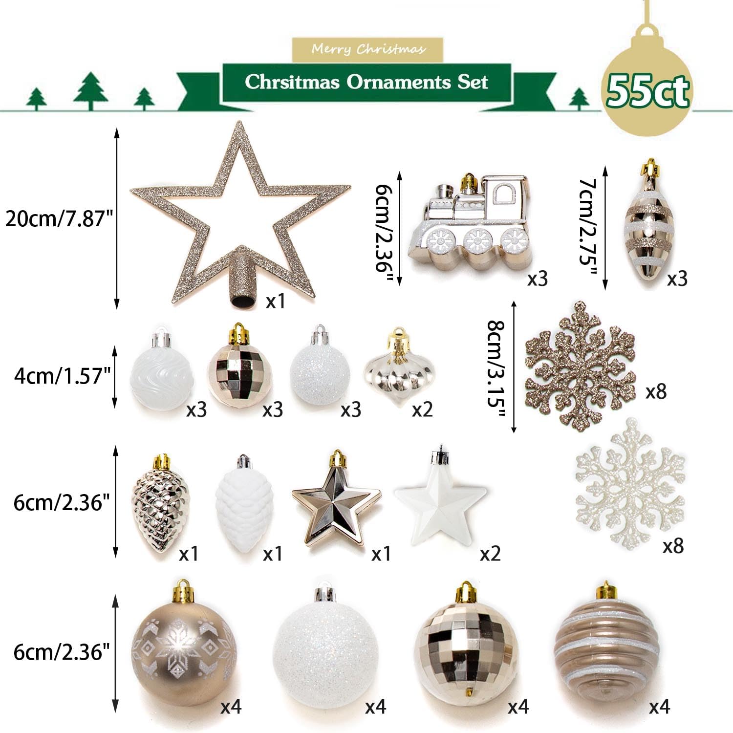 SVNVIOZ Christmas Ball Ornaments Set, 55ct 60mm Elegant Champagne Assorted Xmas Tree Ball Ornaments, Shatterproof Christmas Tree Hanging Ornaments for Xmas Decoration - Image 2