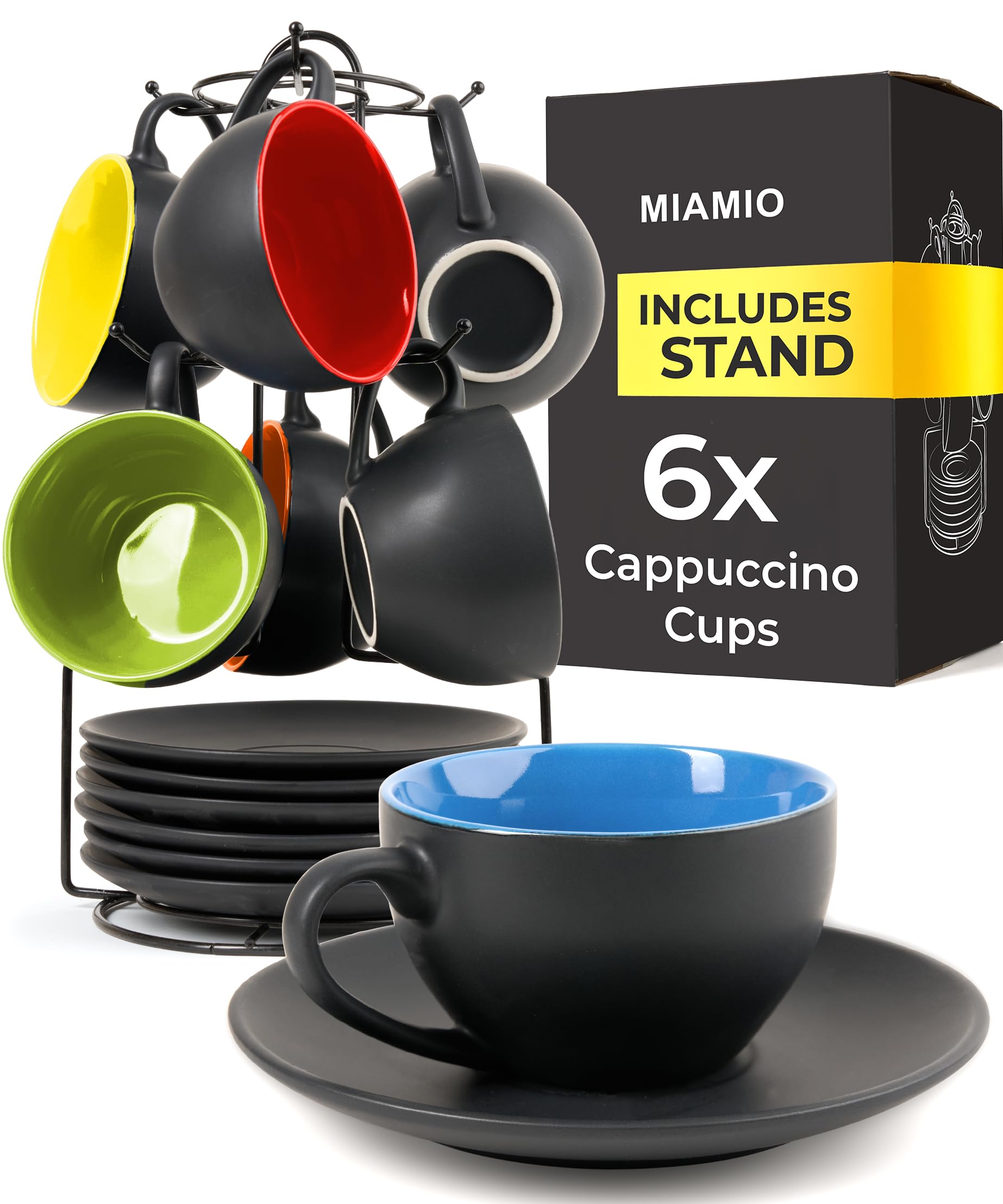 MIAMIO - Set of 6, Ceramic Stackable Cappuccino Cups Set / 175 ml Cappuccino Mugs and Saucer with Metal Stand for Coffee Drinks, Cappuccino, Latte, Americano and Tea - Le Papillon Collection (Mixed)