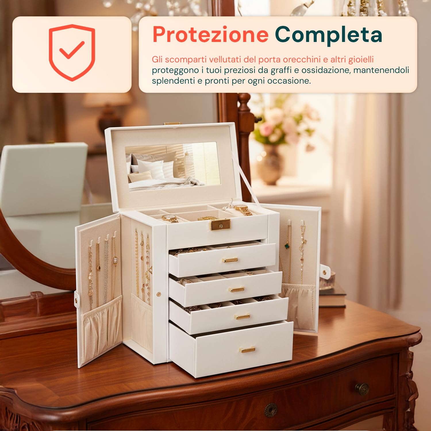Avilia - Portagioie Moderno Donna Funzionale, Specchio Integrato, 4 Cassetti, Organizer Capiente e Antigraffio con Scomparti Regolabili, Ideale come Regalo Elegante