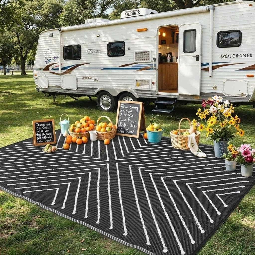 Garvee 5x8 Outdoor Waterproof Rug - Reversible Modern Striped Plastic Straw Patio Mat, Portable RV Camping Rug for Picnic, Beach, Balcony, Deck - UV Protected & Easy to Clean, Black&White.