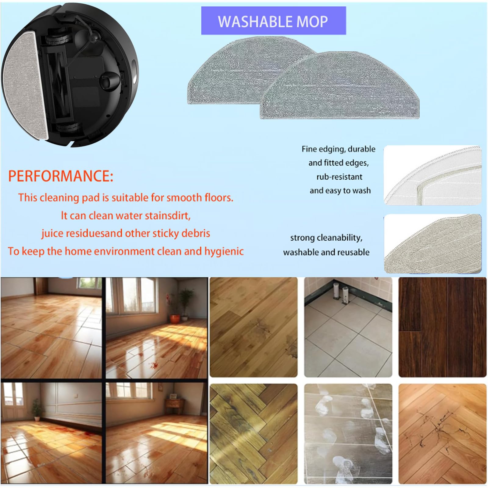 Two semi-circular mop pads made of grey ultra-fine fiber cloth, suitable for wet cleaning, shown with examples of dirty floors.