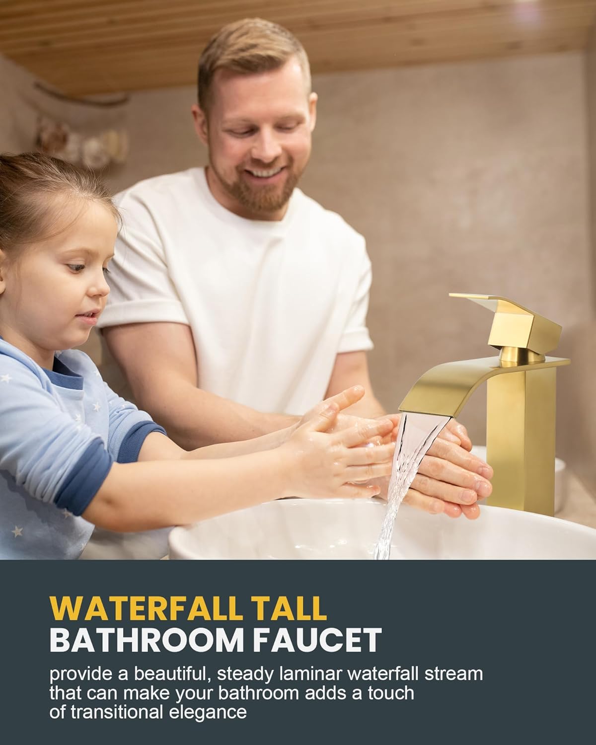 Vessel Sink Faucet Brushed Gold: ARCORA Single Hole Tall Bathroom Faucet, Single Handle Tall Waterfall Bathroom Faucet with Pop Up Drain and cUPC Supply Lines - Image 2