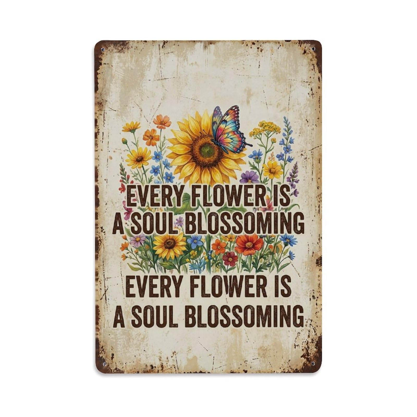 Okngb Style Rustic Butterfly Botanical Quote Flower Soul Blossoming Metal Tin Sign Plaque Wall Decor For Cafe, Man Cave, Club Bar, Office, Home Garden Round Metal Poster 8X12inch