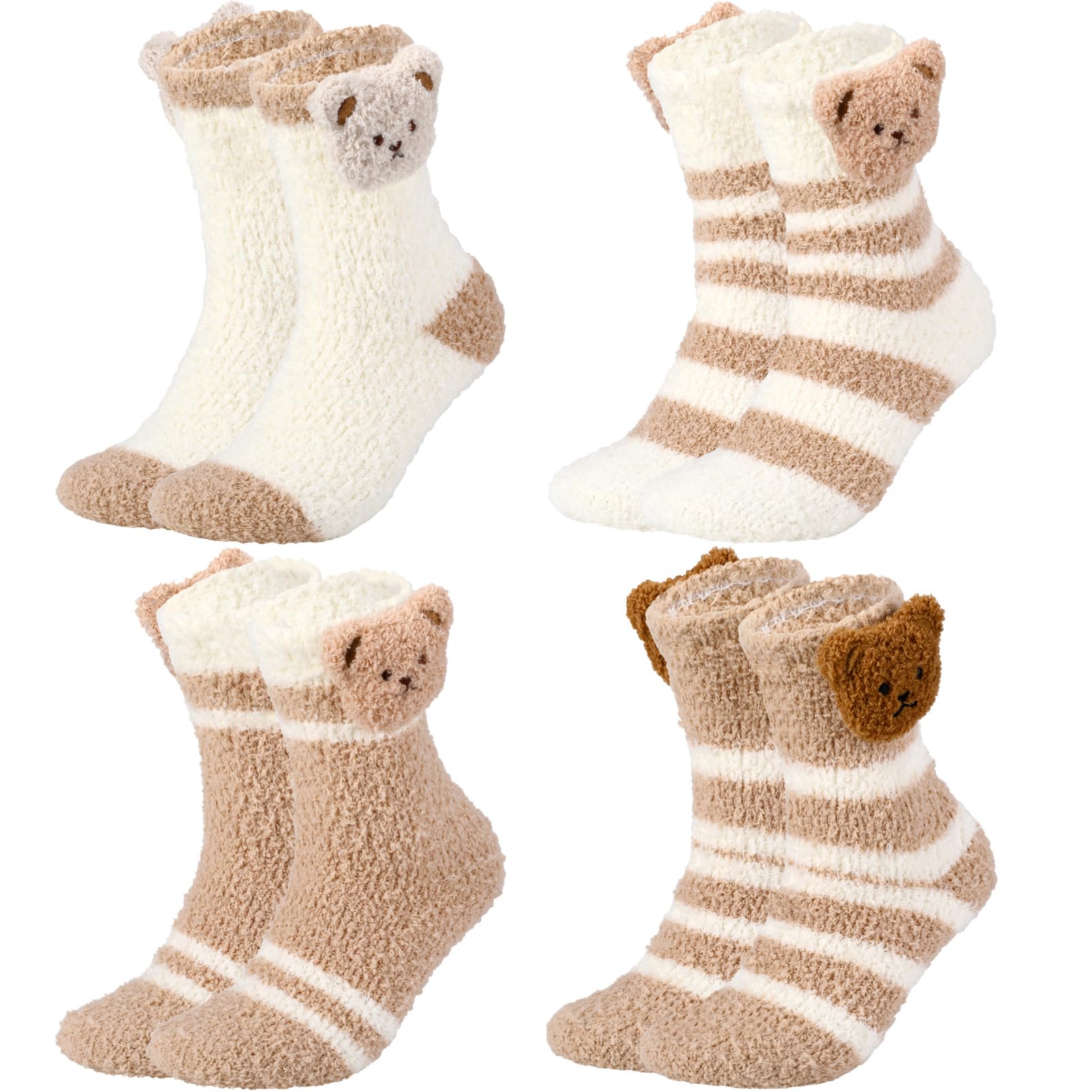 4 Pairs Fluffy Warm Socks for Women Girls, Cute Cartoon Bear Animal Thermal Bed Wear, Soft Thick Fuzzy Fleece with Stripes