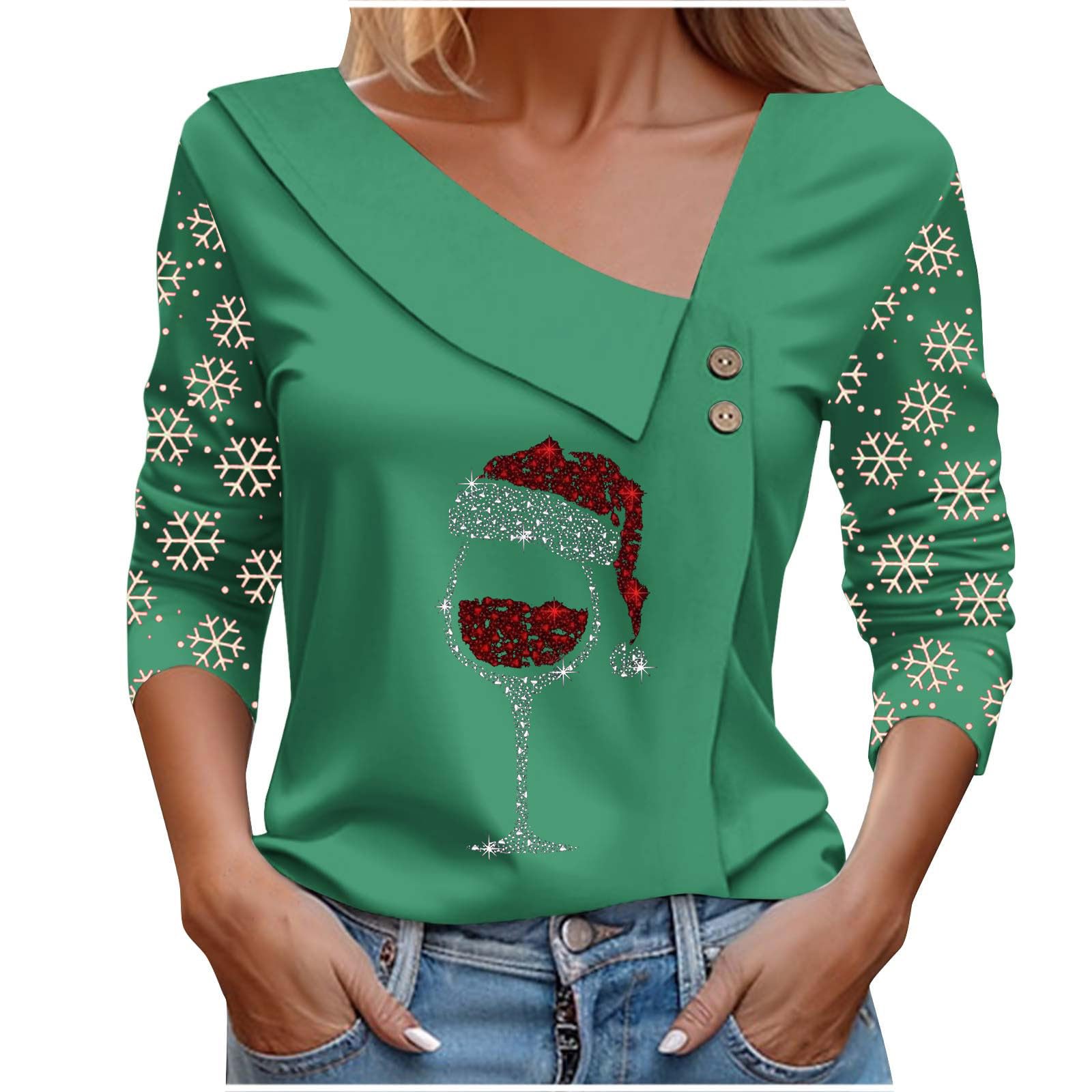 Womens Plus Size Christmas Shirts Asymmetric V Neck Long Sleeve
