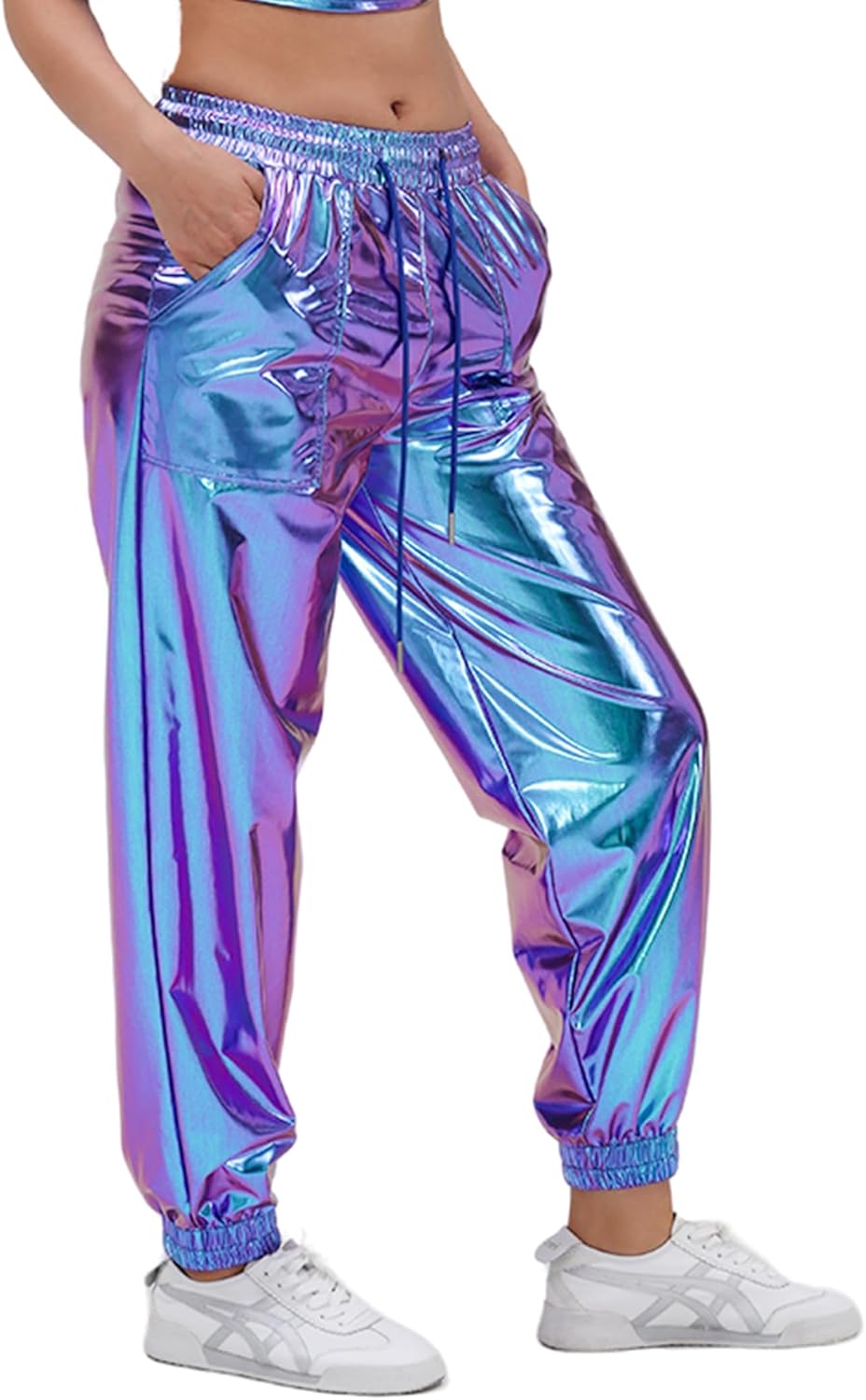 Womens Drawstring Cargo High Waist Jogger Pants Sexy Metallic Sparkly Wide Leg Pants Trousers Clubwear - Image 4