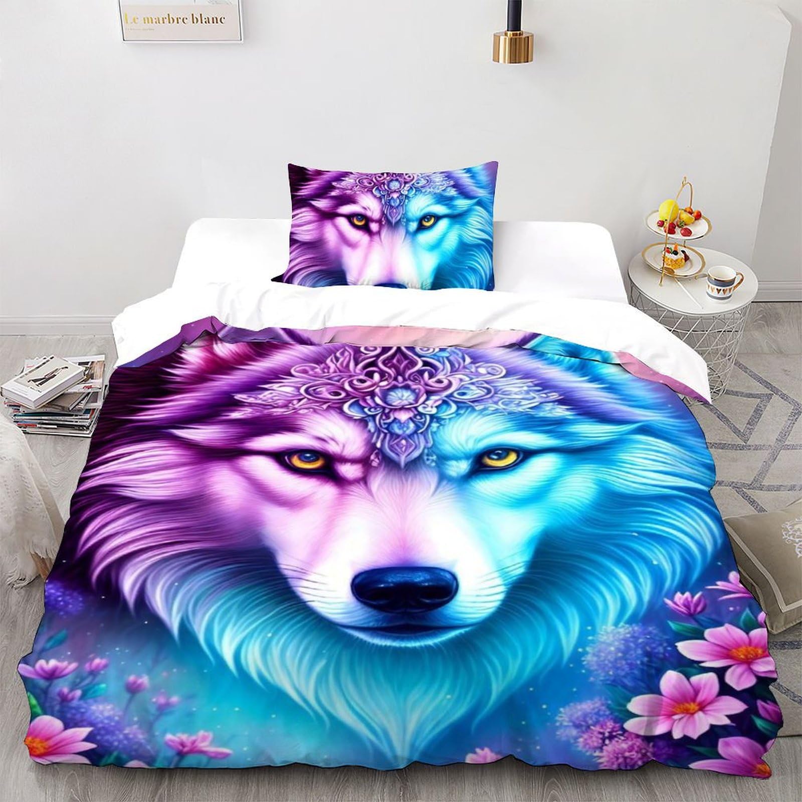 Parure de lit loup rayé imprimé 3D avec housse de couette 135x200 en coton pour ado et adulte