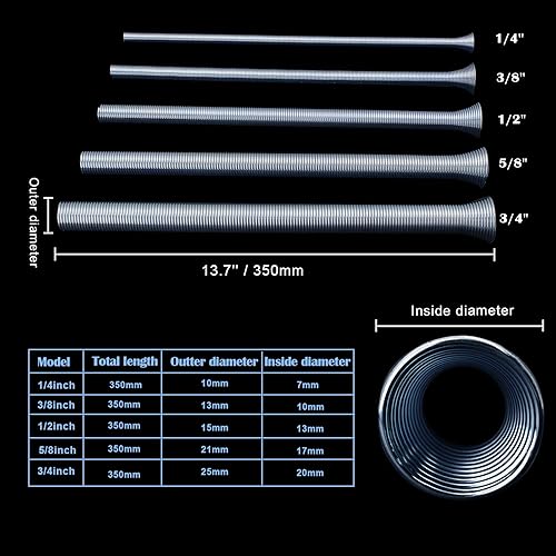Miniatura 4 de Juego de 5 dobladores de tubos de resorte de 14 pulgadas, 38 pulgadas, 12 pulgadas, 58 pulgadas y 34 pulgadas para cobre, aluminio y acero de pared