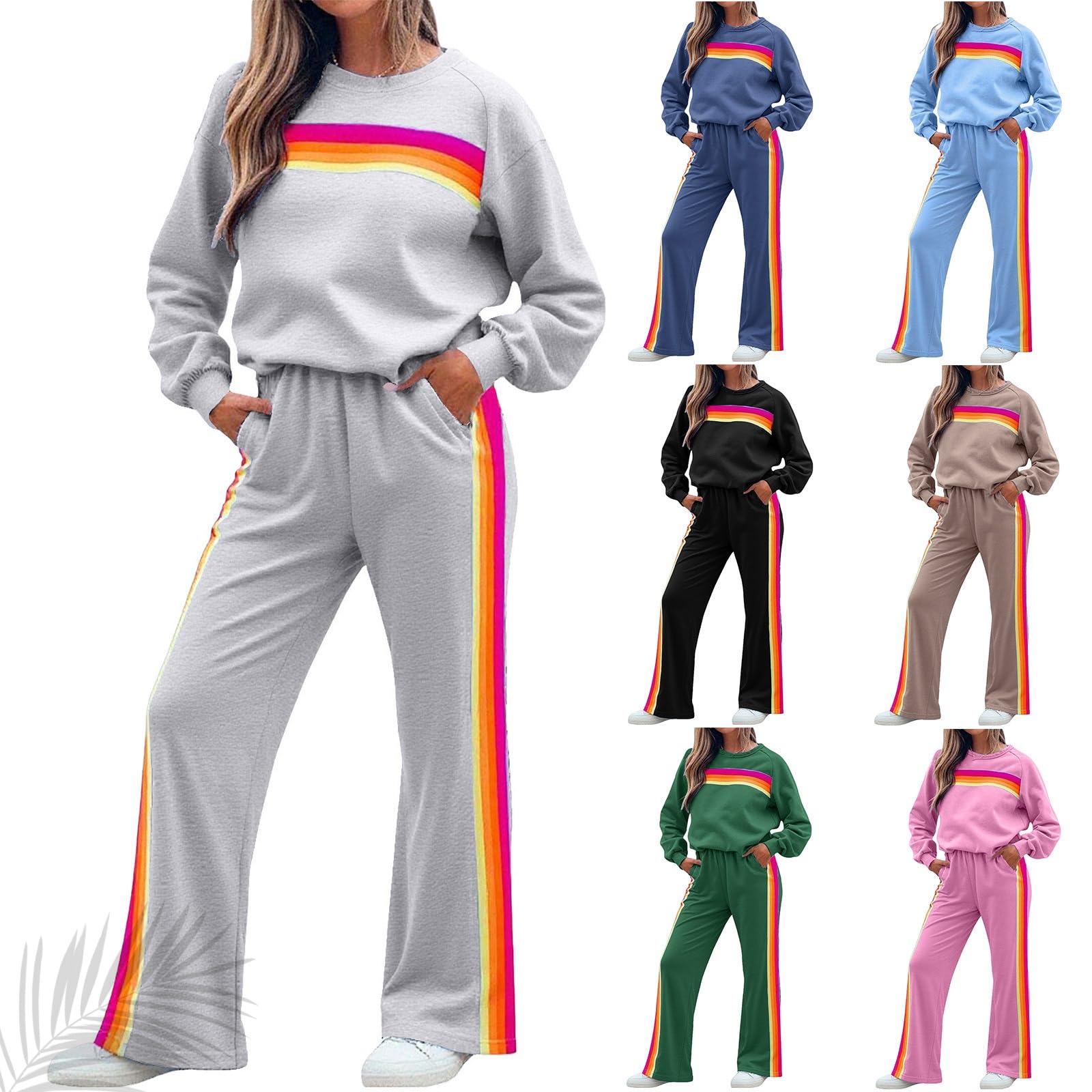 Generisch Set da 2 pezzi da donna a righe arcobaleno, maglione, felpa e pantaloni abbinati a gamba larga, tuta da allenamento lounge (nero, L)