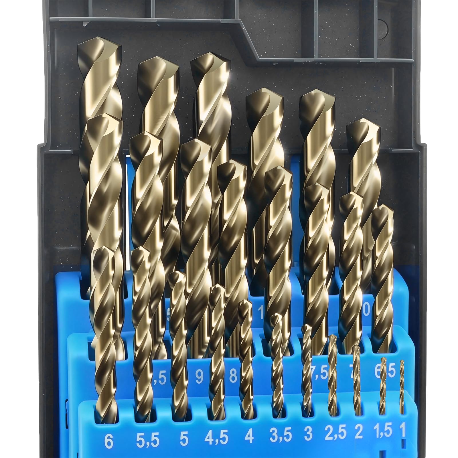 GREYWOLF Juego de 19 brocas de cobalto M35 de acero rápido, brocas de metal para carburo de tungsteno, acero inoxidable, hierro fundido, madera y plástico, con caja de índice de 1,0 mm-10,0 mm (25)