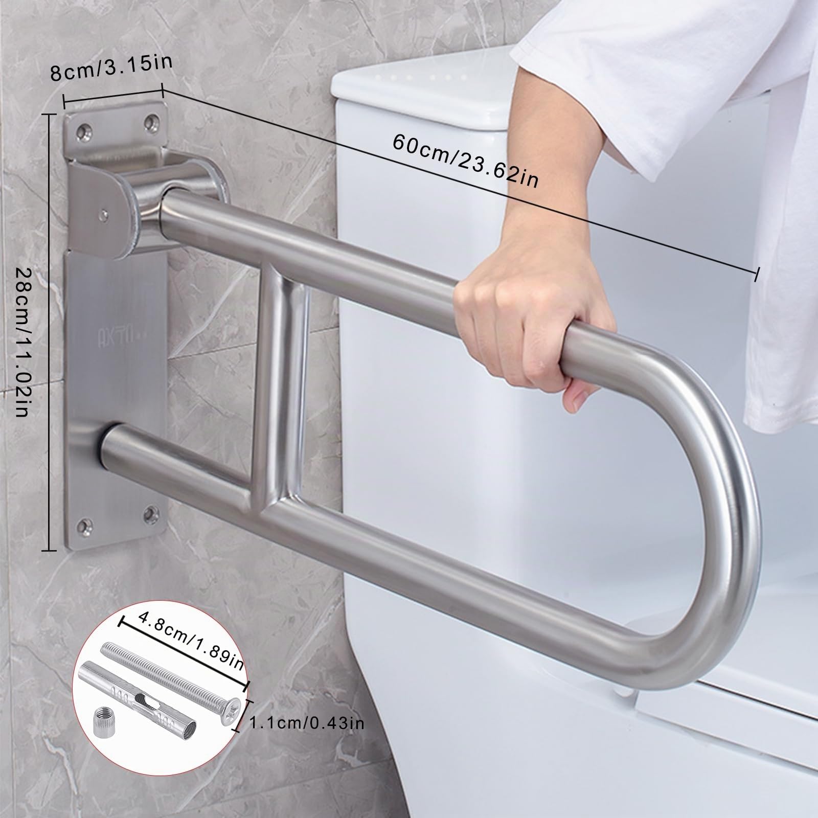 Barra Abatible Baño 60 cm, Barra Baño Minusválido, Acero Inoxidable, Barra Seguridad Baño, Asidero Baño Abatible, Asidero de baño, Soporta Hasta 300-350 kg