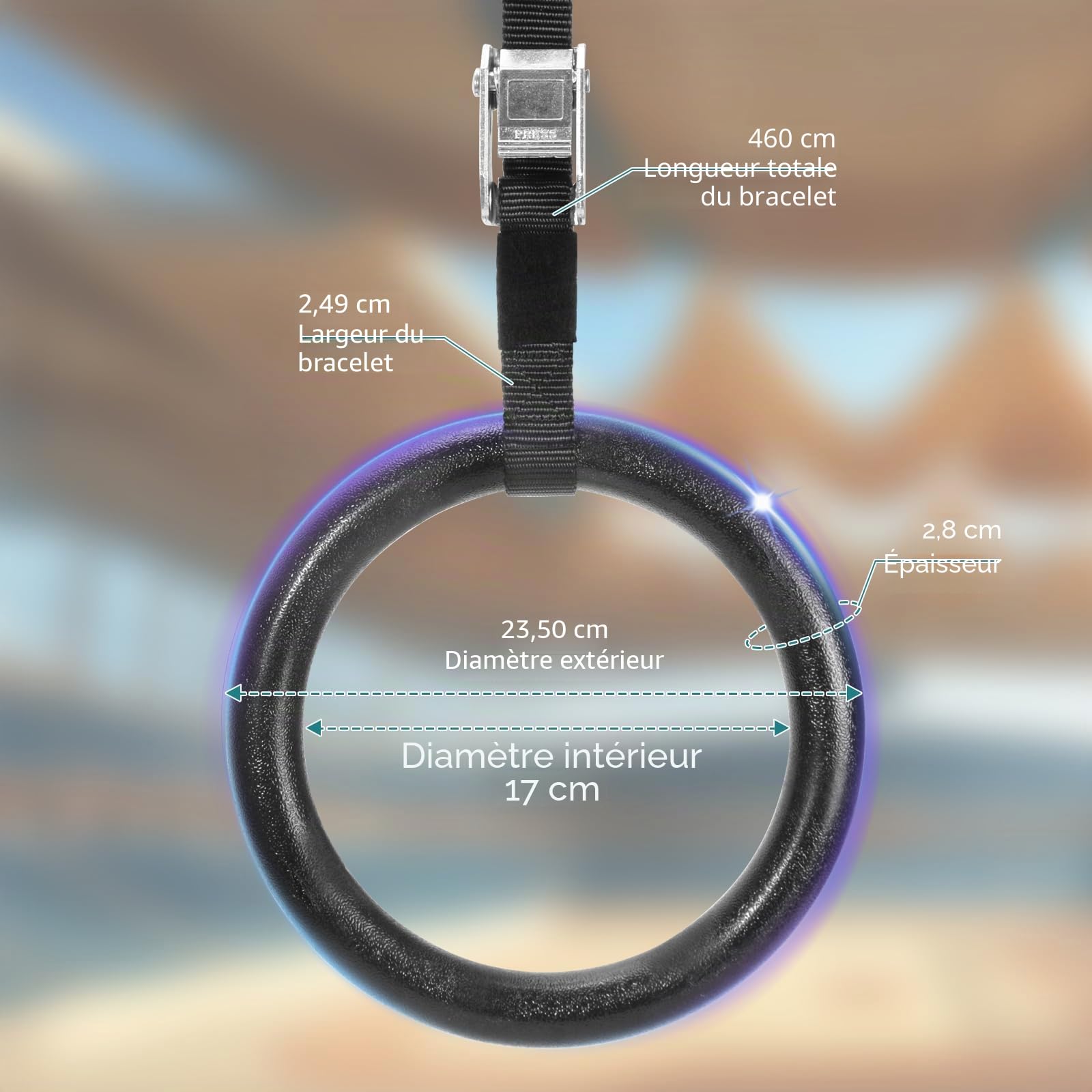 CIMOYBAI Anneaux de gymnastique en plastique ABS avec sangles réglables pour la pratique de la gymnastique, des tractions et de la musculation, diamètre 28 mm
