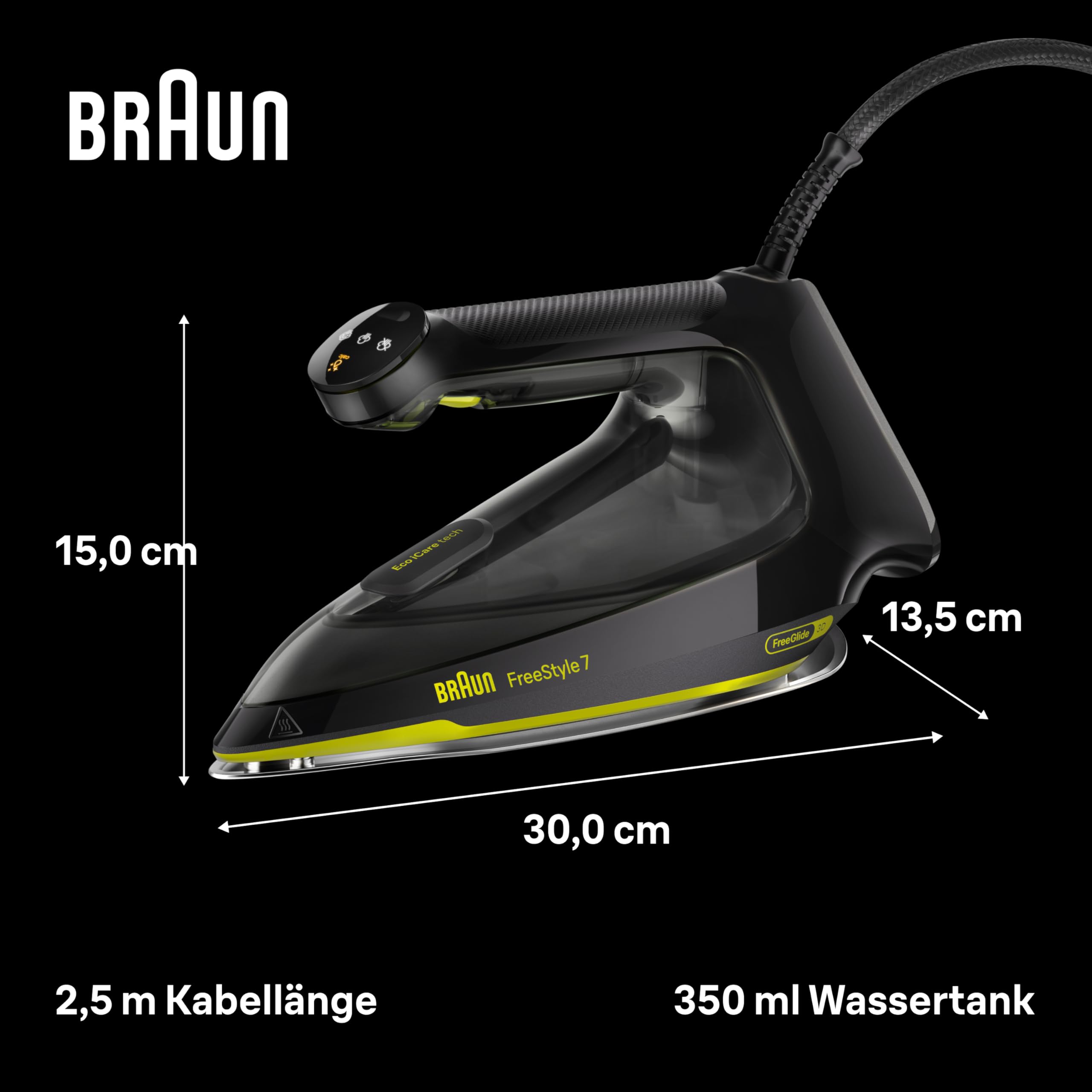 Braun FreeStyle 7 – Dampfbügeleisen mit ergonischem Griffdesign, Bügelergebnisse wie mit einer Dampfbügelstation, Schnelles und müheloses Bügeln, Schwarz/Grün (FI 7255 GR)