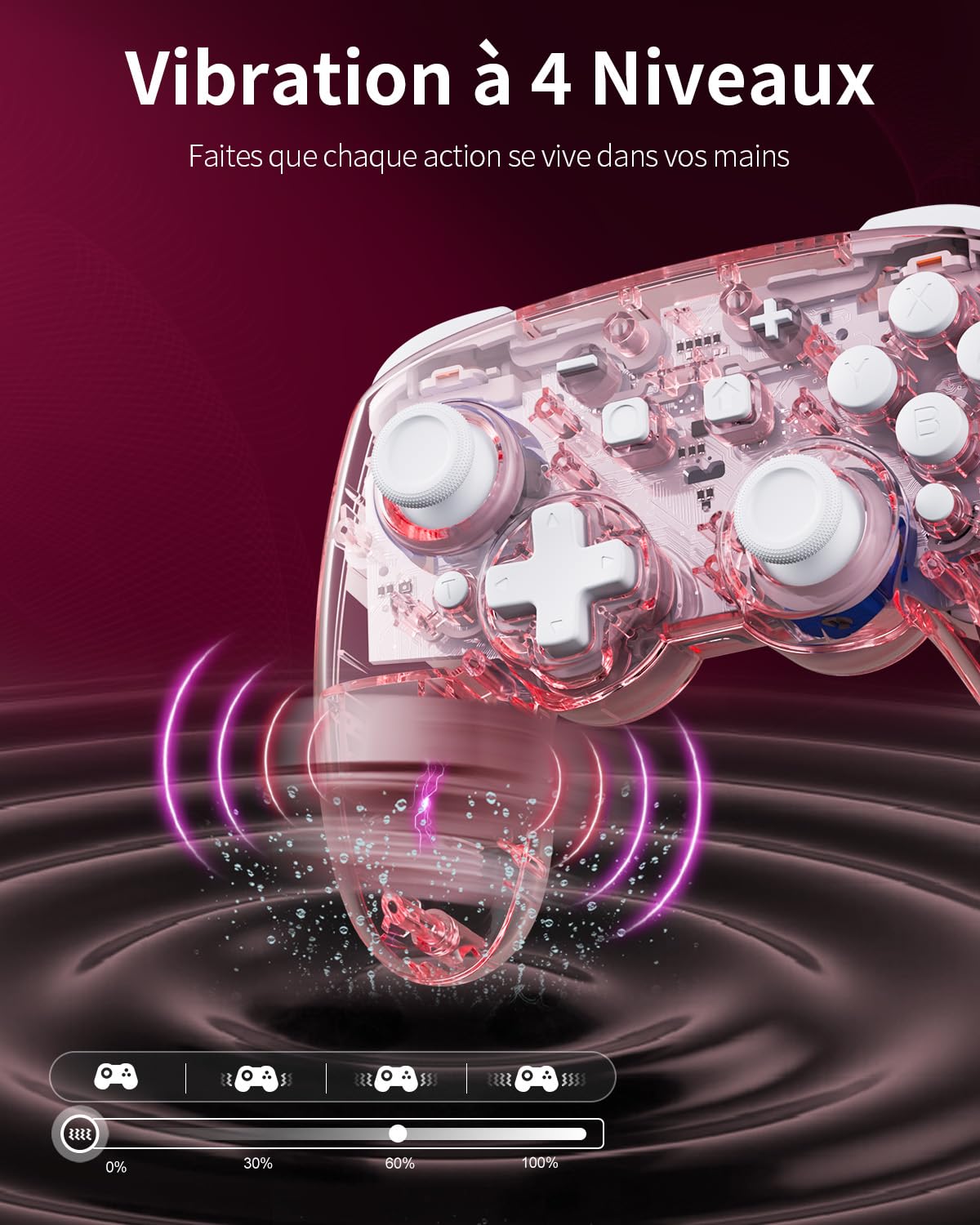 PALPOW Manette Switch à Effet Hall sans fil, Compatible avec Switch 2/OLED/Lite, Gamepad Bluetooth avec 7 Couleurs LED/Macro/Capteur de Mouvement/Turbo - Rose Transparent