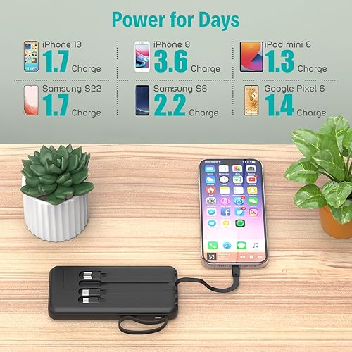 Miniatura 7 de Cargador portátil con cables integrados, cargador de batería USB C delgado de 10000 mAh, 5 salidas y 3 entradas, batería externa de alta velocidad,