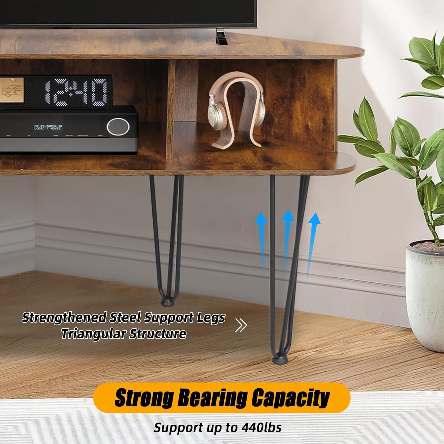 Corner TV Stand for 50 Inch TV, Entertainment Center with Storage Cabinet, Industrial Media Console Table with High Metal Feet and Anti-Slip Pads, Corner TV Stand for Living Room, Brown