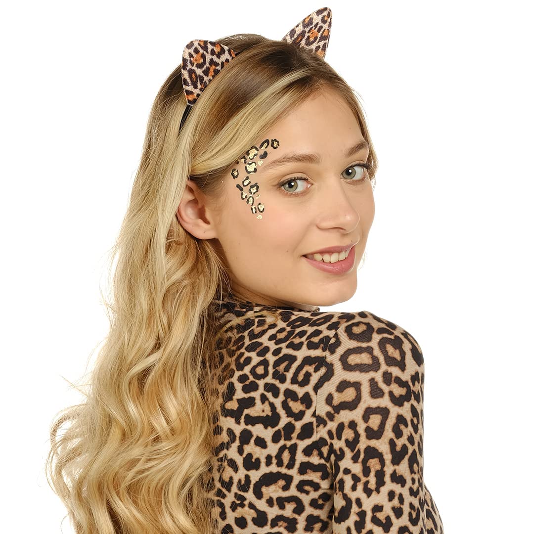 Funcredible Leopard Ears Headband & Temporary Tattoos – Cheetah Costume Headband Set for Adults – Festival, Halloween & Cosplay Accessories