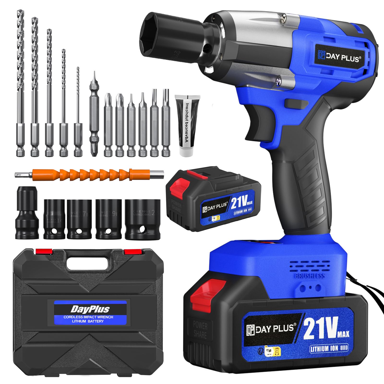 HSHa 1/2" Cordless Impact Wrench Brushless Power Impact Gun,2500RPM Electric Wrench, Max Torque 550N.m with 4 Sockets, 12PCS Screwdriver Bits, 2X 4.0Ah Battery & Carry Box for Car Home (Blue)