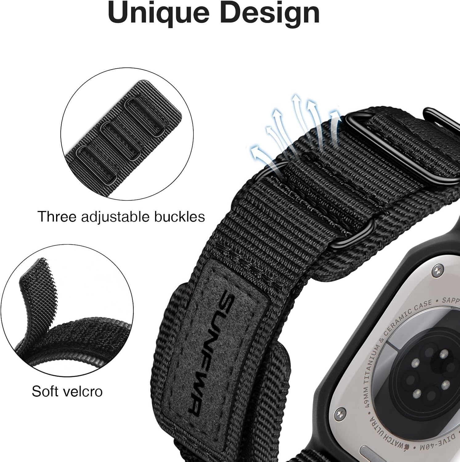 SUNFWR Bands Compatible with Apple Watch 49mm Ultra 3/Ultra 2/Ultra with Case,Rugged Nylon Sport Apple Watch Strap with Protective Cover for iwatch for Men(Black Black Tags) - Image 3
