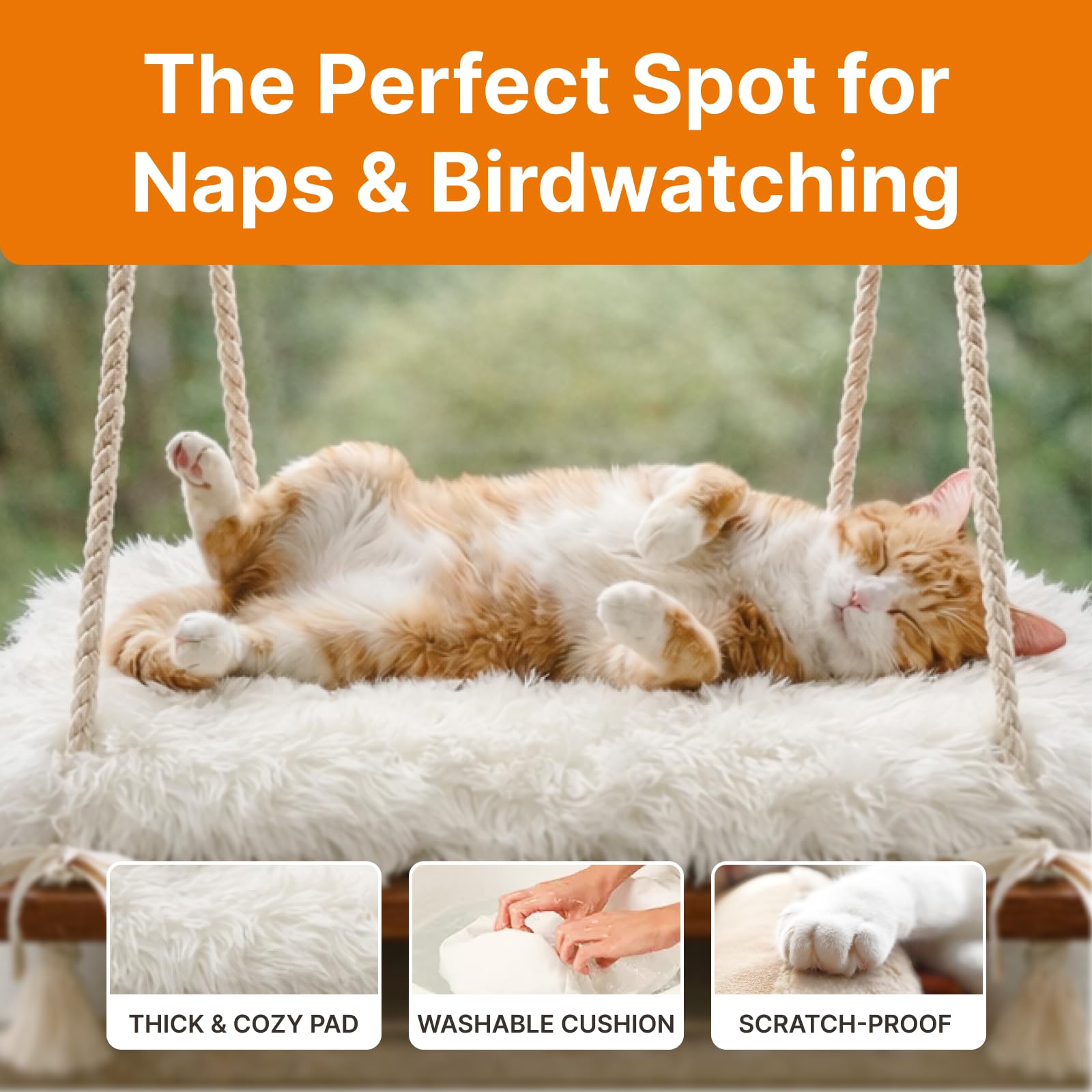 Percha para ventana de gato, hamaca para gatos, asiento de madera maciza y ventosas fuertes, cama y muebles peludos para gatos en el interior, estante colgante esponjoso para gatos pequeños y medianos