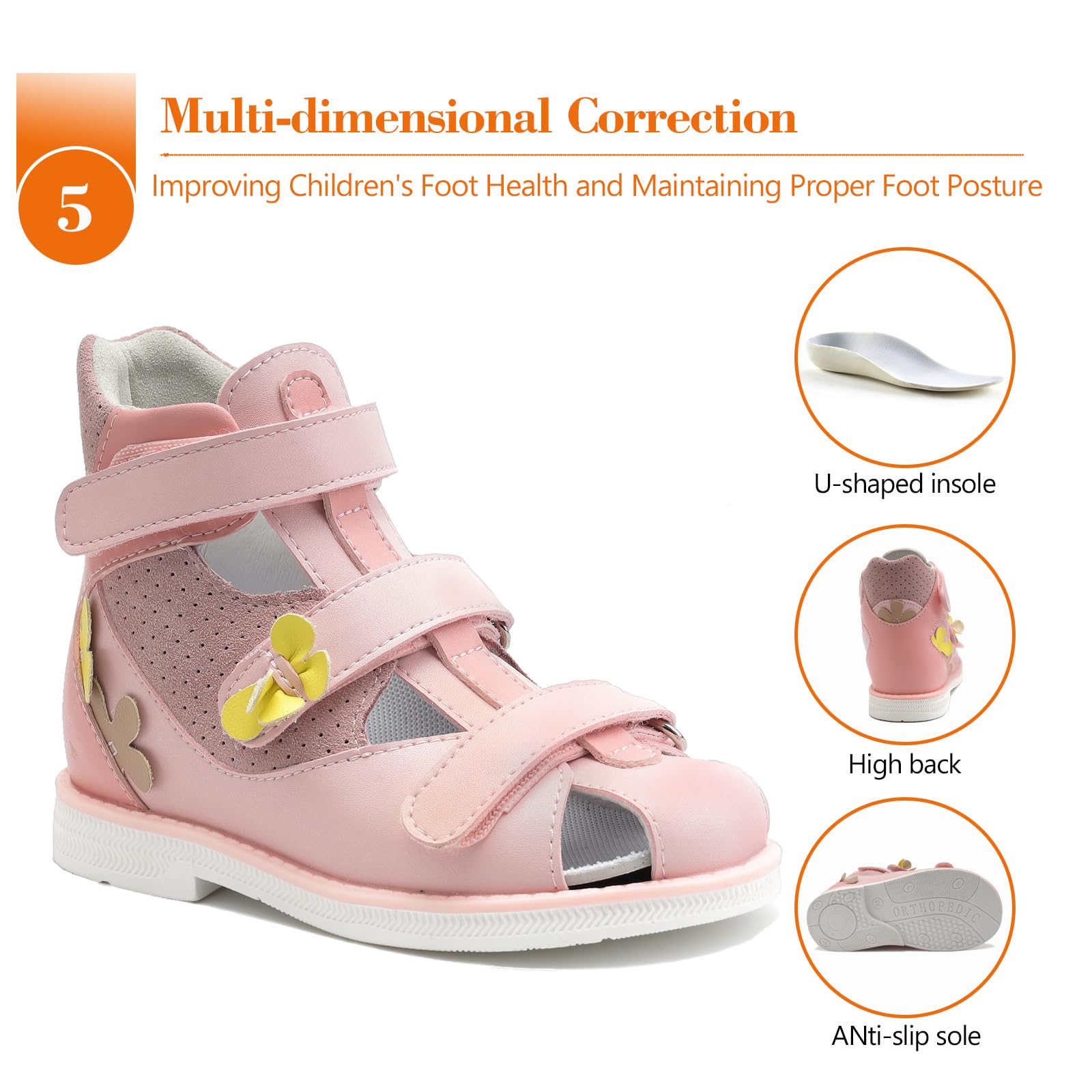 Sandalias ortopédicas para niños con soporte para arco y tobillo, zapatos cerrados con espalda alta para niños pequeños