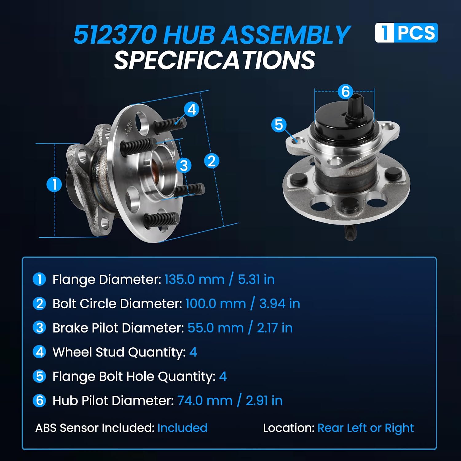 1 PC Rear Wheel Bearing and Hub Assembly 512370 4245052060 Fit for 2006-2014 Yaris, 2012-2019 Prius C, 2013 iQ All Models 4-Lug with ABS Sensor Rear Left or Right