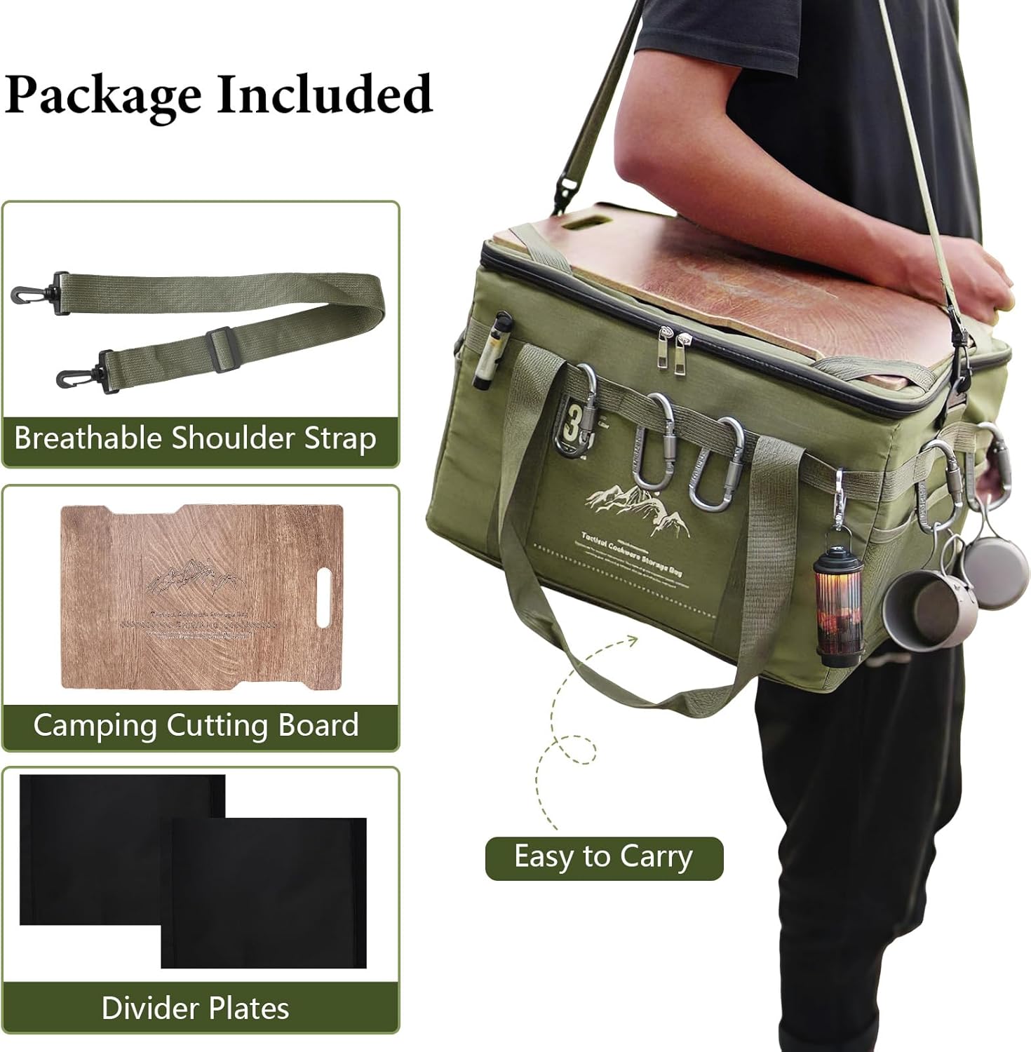 36L Tactical Camping Storage Tote Bag, Green Kitchen Organizer with Chopping Board and Shoulder Strap, Ideal for Camping, Hiking, and Vehicle Organization