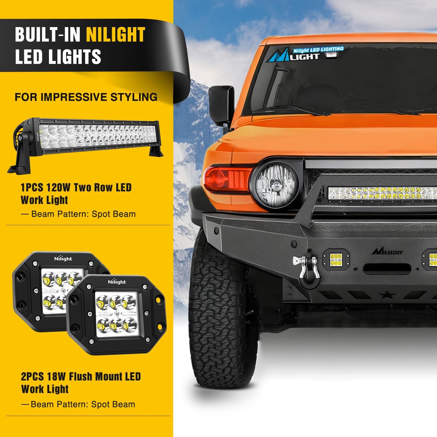 Nilight Front Bumper Compatible for 2007-2008 2009 2010 2011 2012 2013 2014 Toyota FJ Cruiser with Winch Plate Offroad 120W Light Bar 18w LED Pods 2 D-Rings