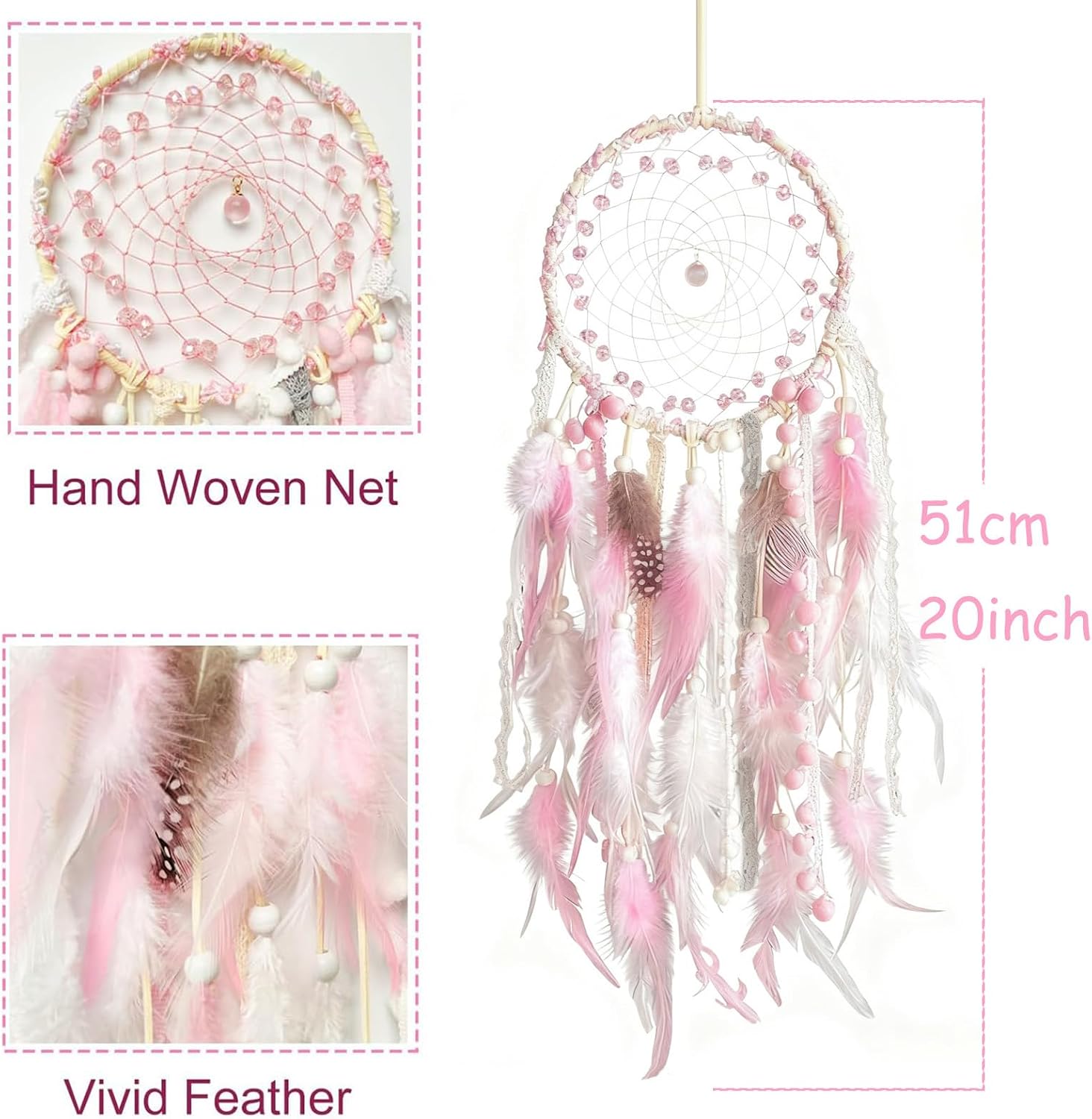Pink Feather Dream Catcher Wall Decor | Handmade, Wall Hanging Ornament, Bedroom Living Room Home Decor